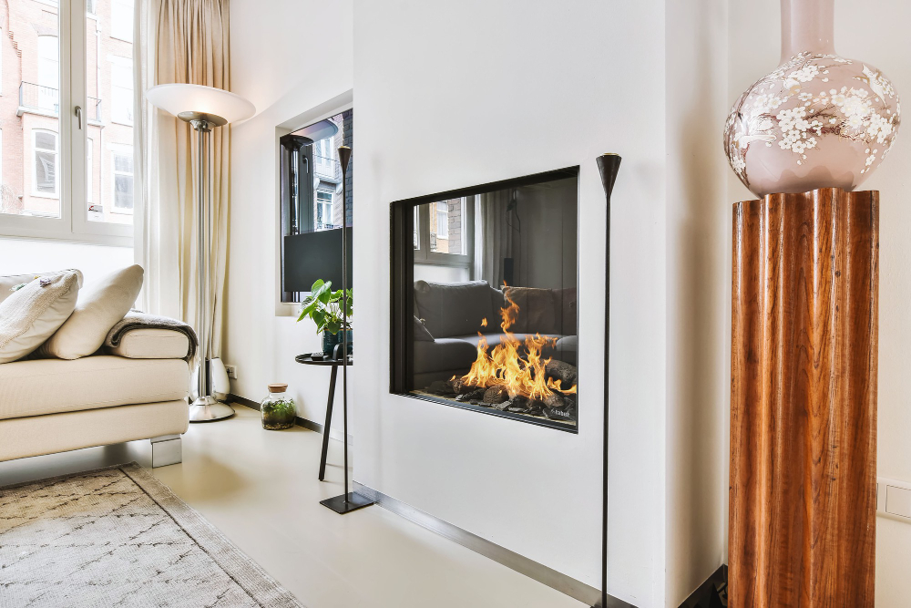 Modern living room with a built-in fireplace and elegant decor