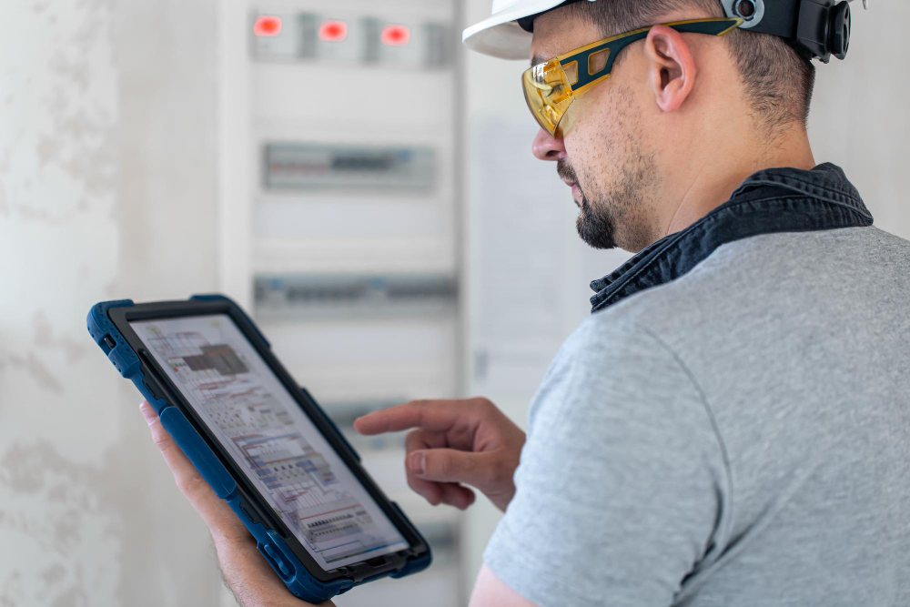 Technician using a tablet to check electrical panel settings