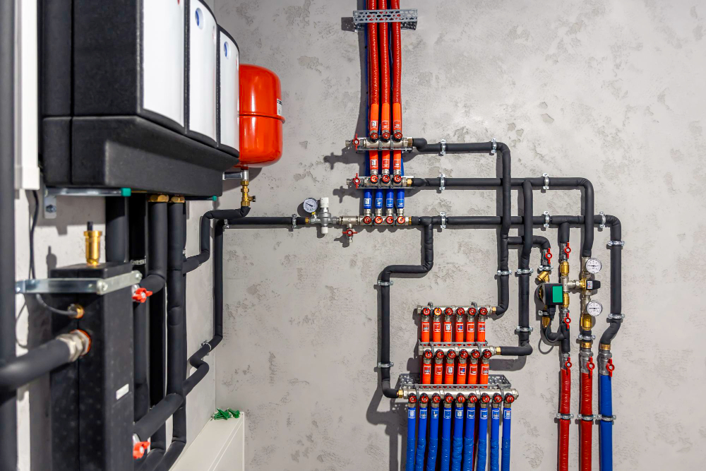 Complex plumbing system with pipes and valves on a wall