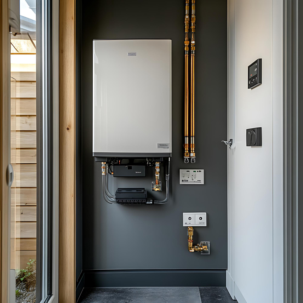 Modern tankless water heater installed on a dark wall with exposed pipes.
