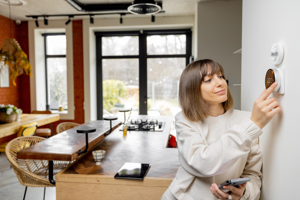 Woman adjusting a smart thermostat in a modern kitchen