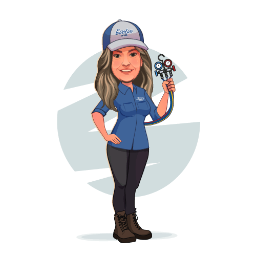 Cartoon woman in work uniform holding HVAC gauges