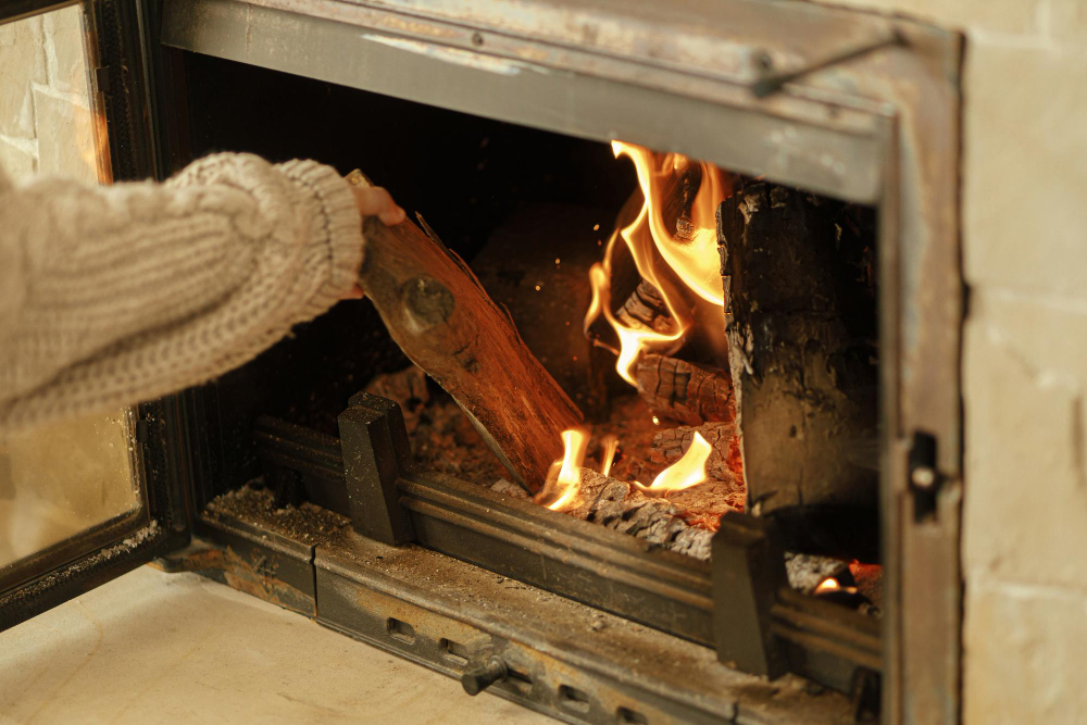Person adding a log to a burning fireplace