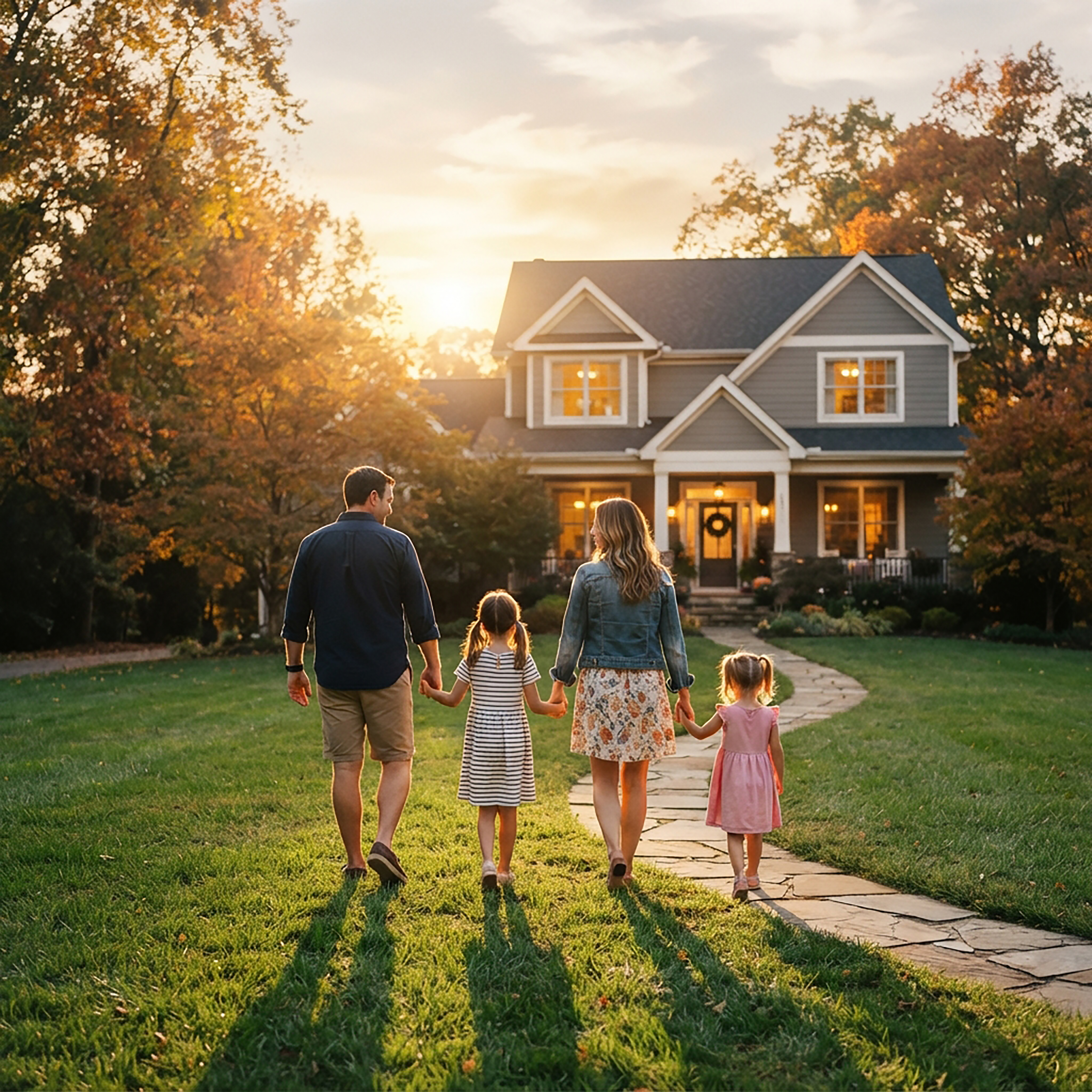 Family of four walking towards a house at sunset.