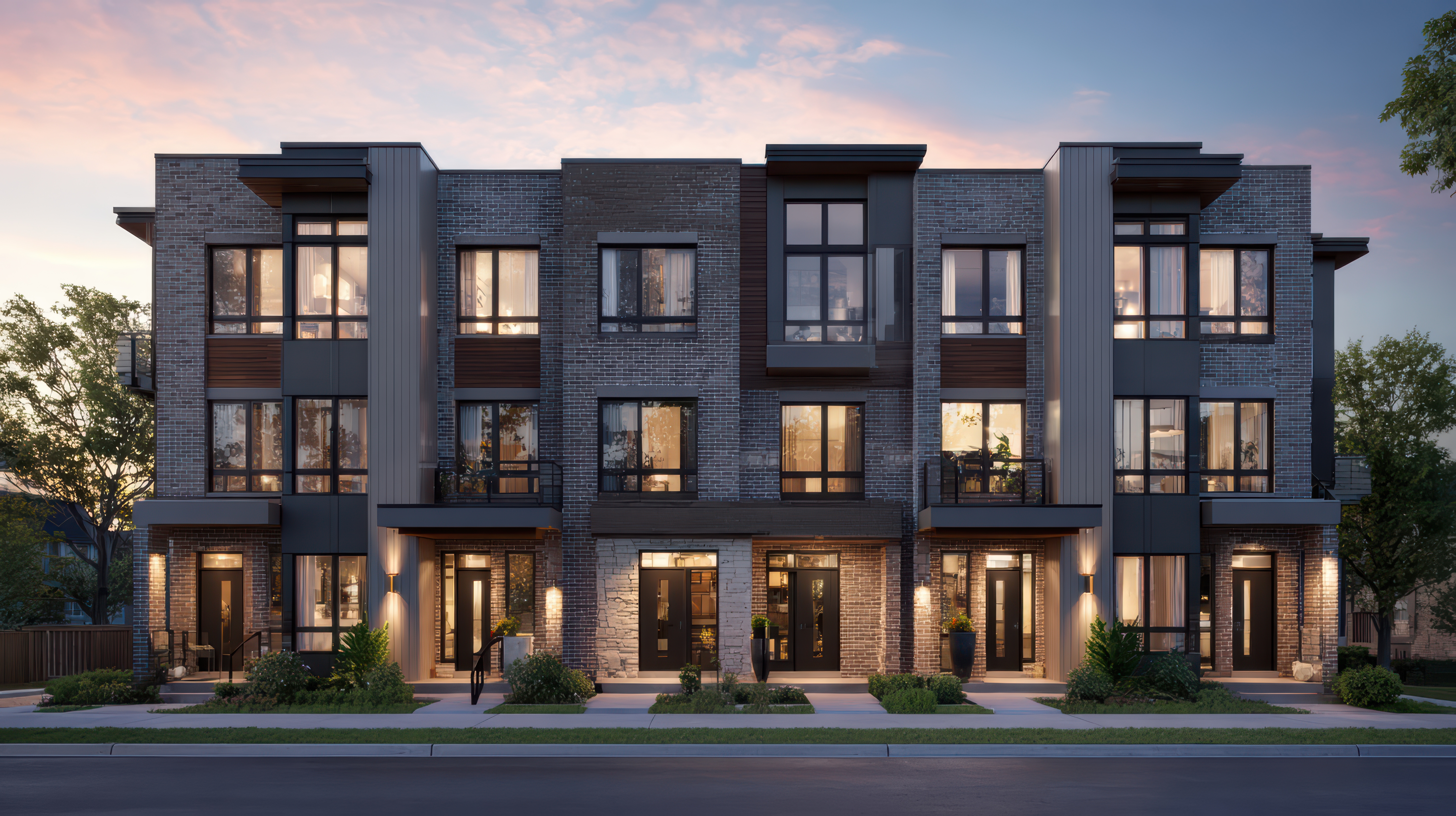 Modern row of townhouses at sunset with large windows and landscaped front yards