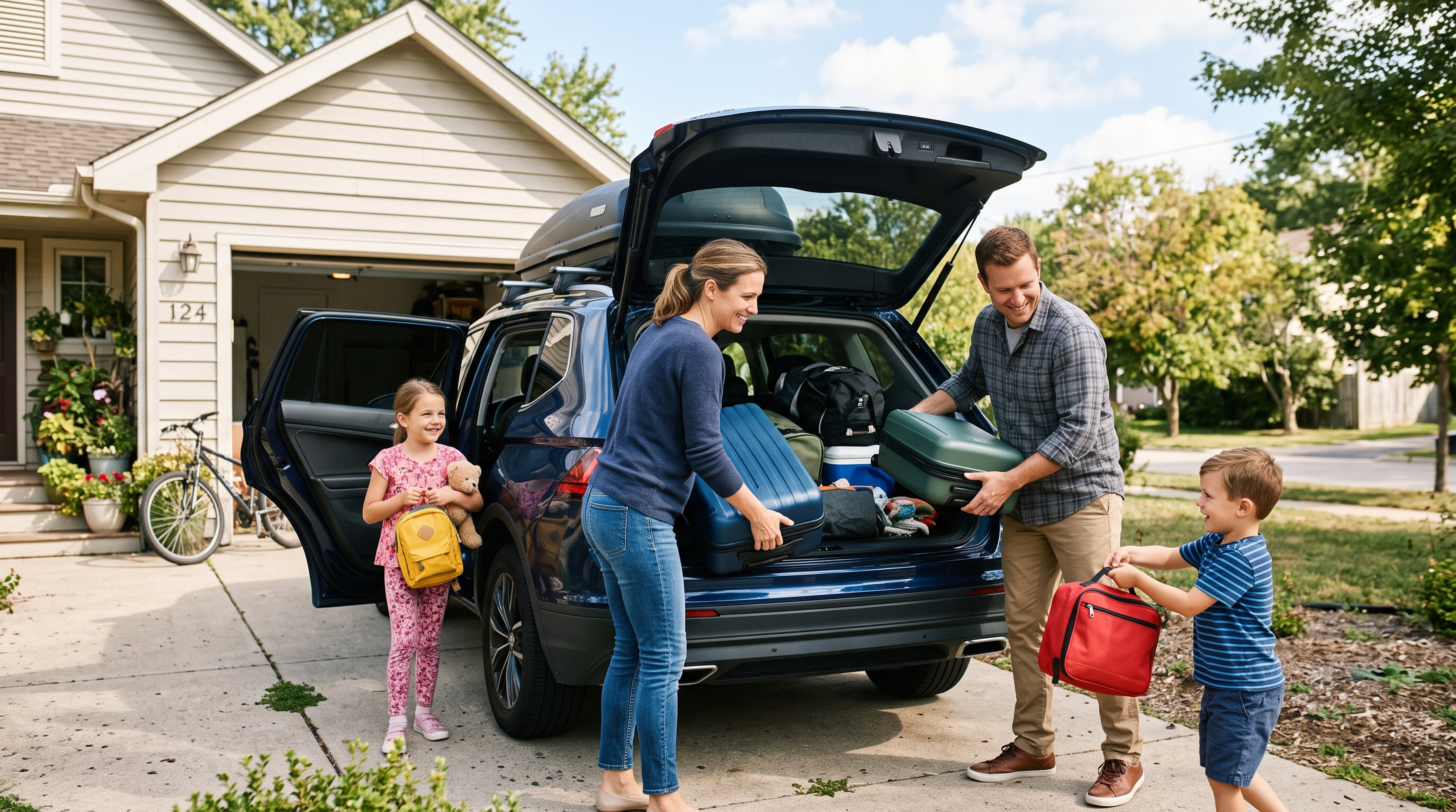 Family packing a car with luggage in the driveway of a suburban home