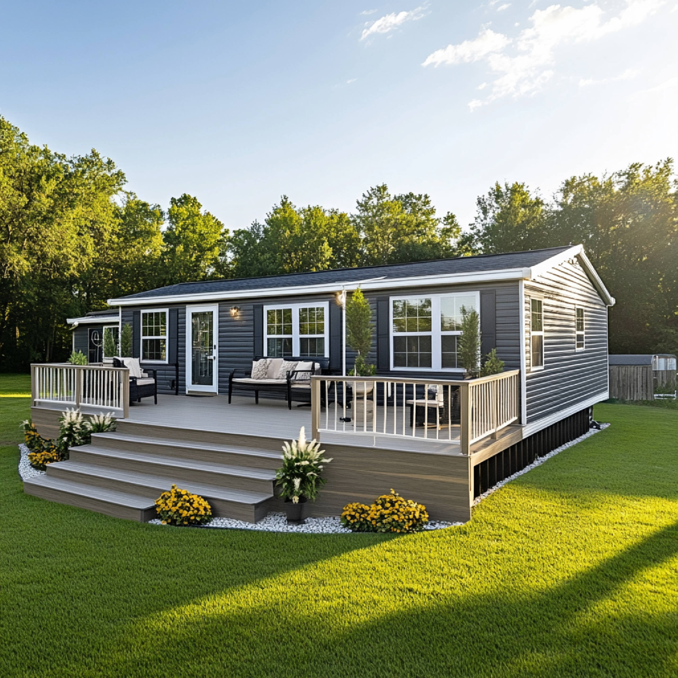 Modern manufactured home with a spacious wooden deck and outdoor seating.