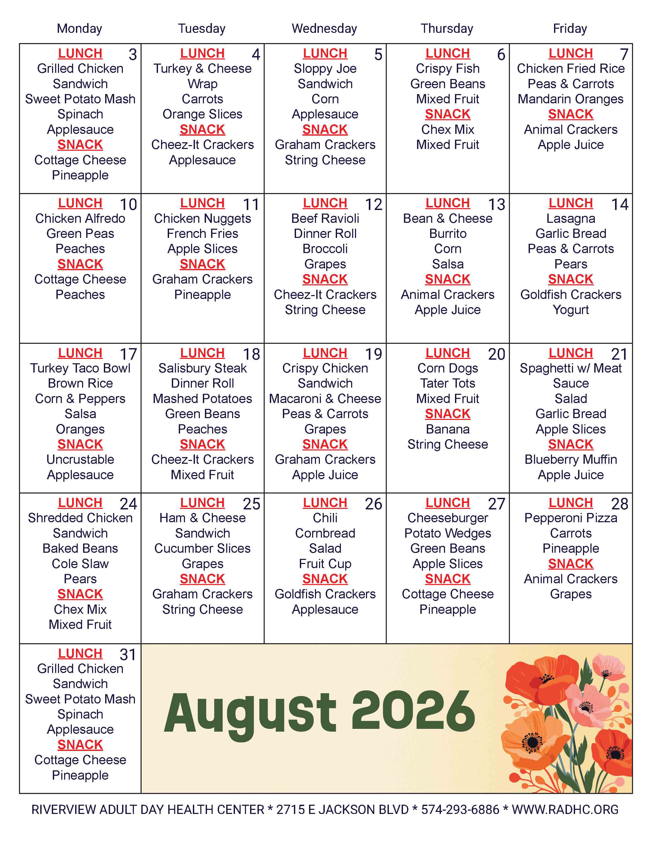 RADHC August 2026 Menu