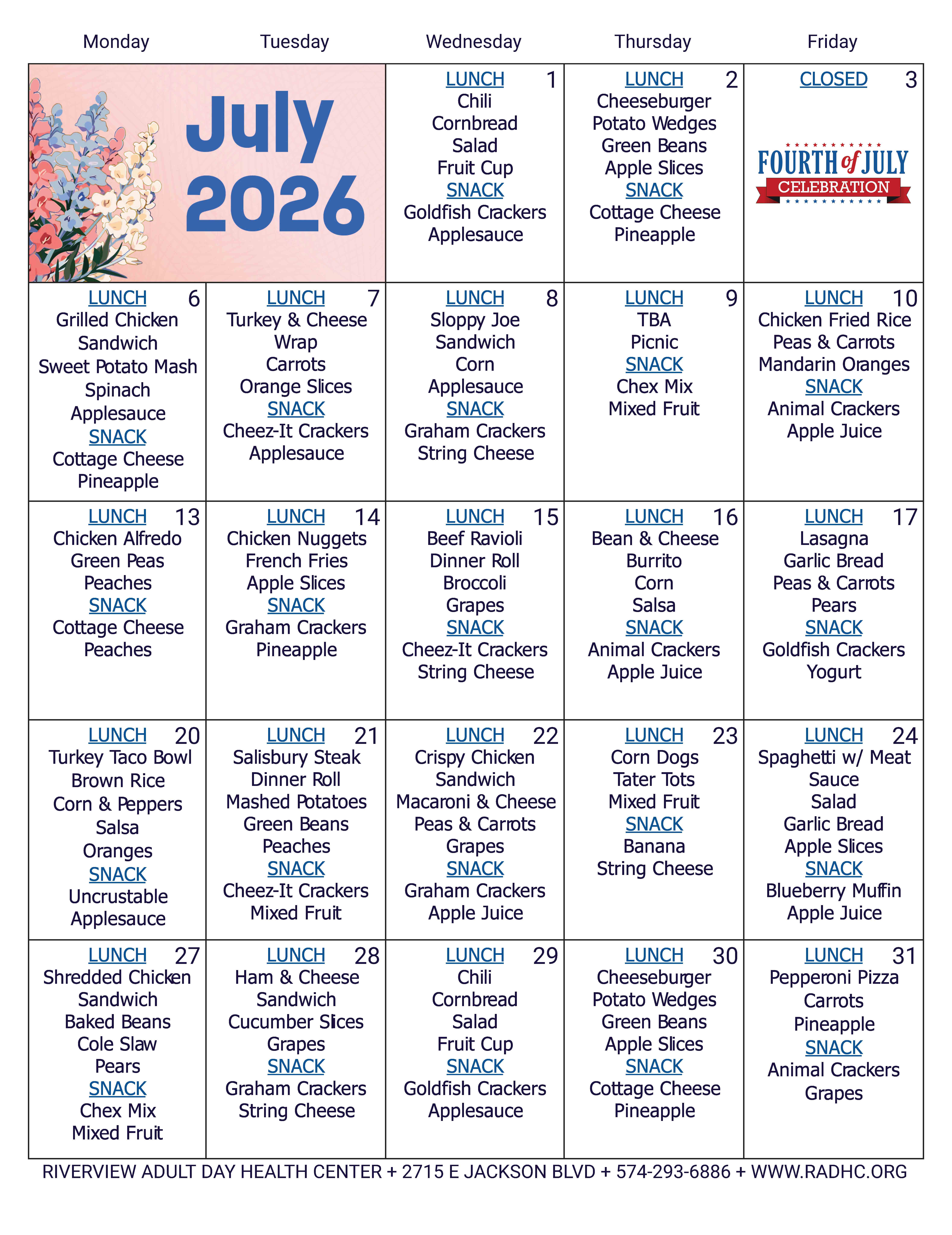 RADHC July 2026 Menu