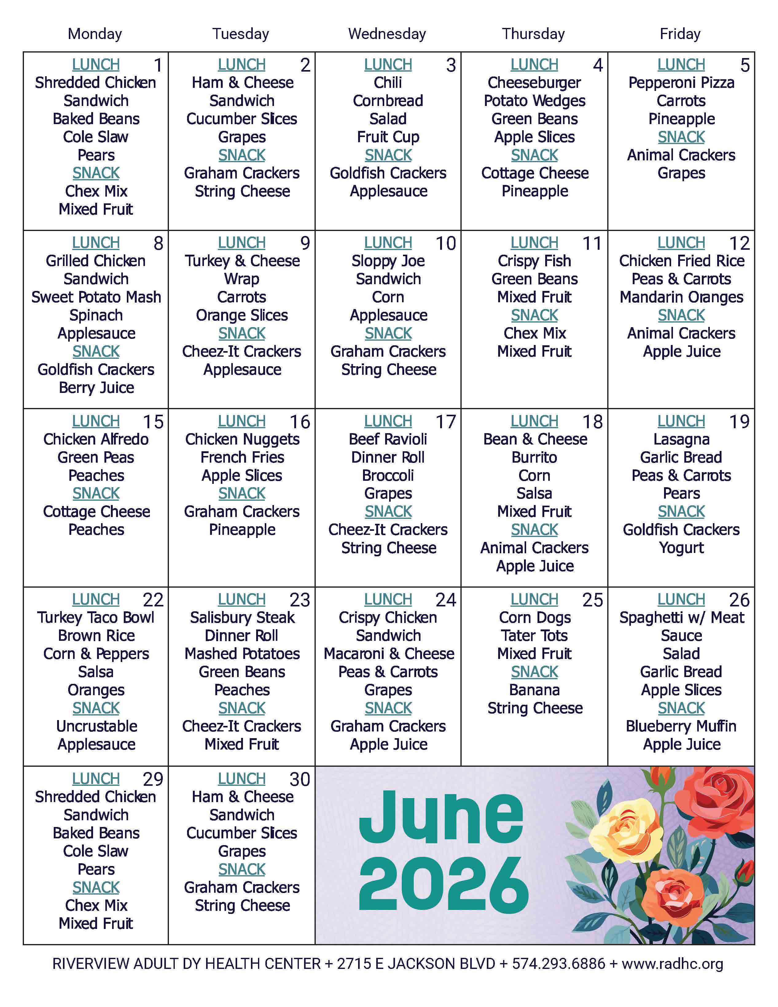 RADHC June 2026 Menu