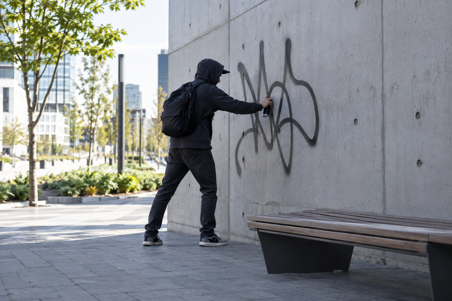 Person in a hoodie spray painting graffiti on a concrete wall in an urban area