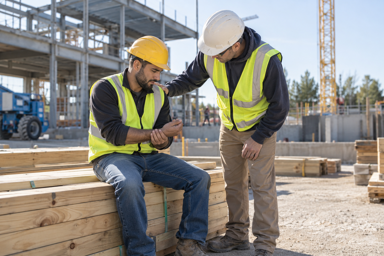 Construction worker sitting on wooden planks holding his wrist, another worker offering support.