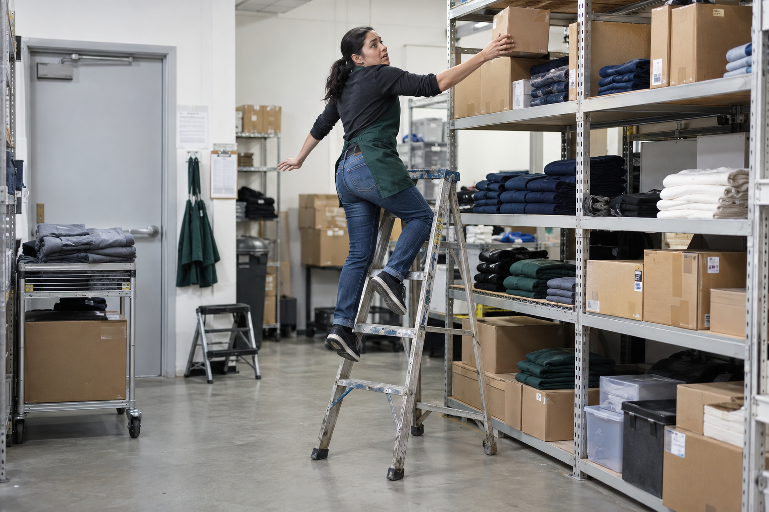 Worker on a ladder reaching for items on a high shelf in a warehouse.