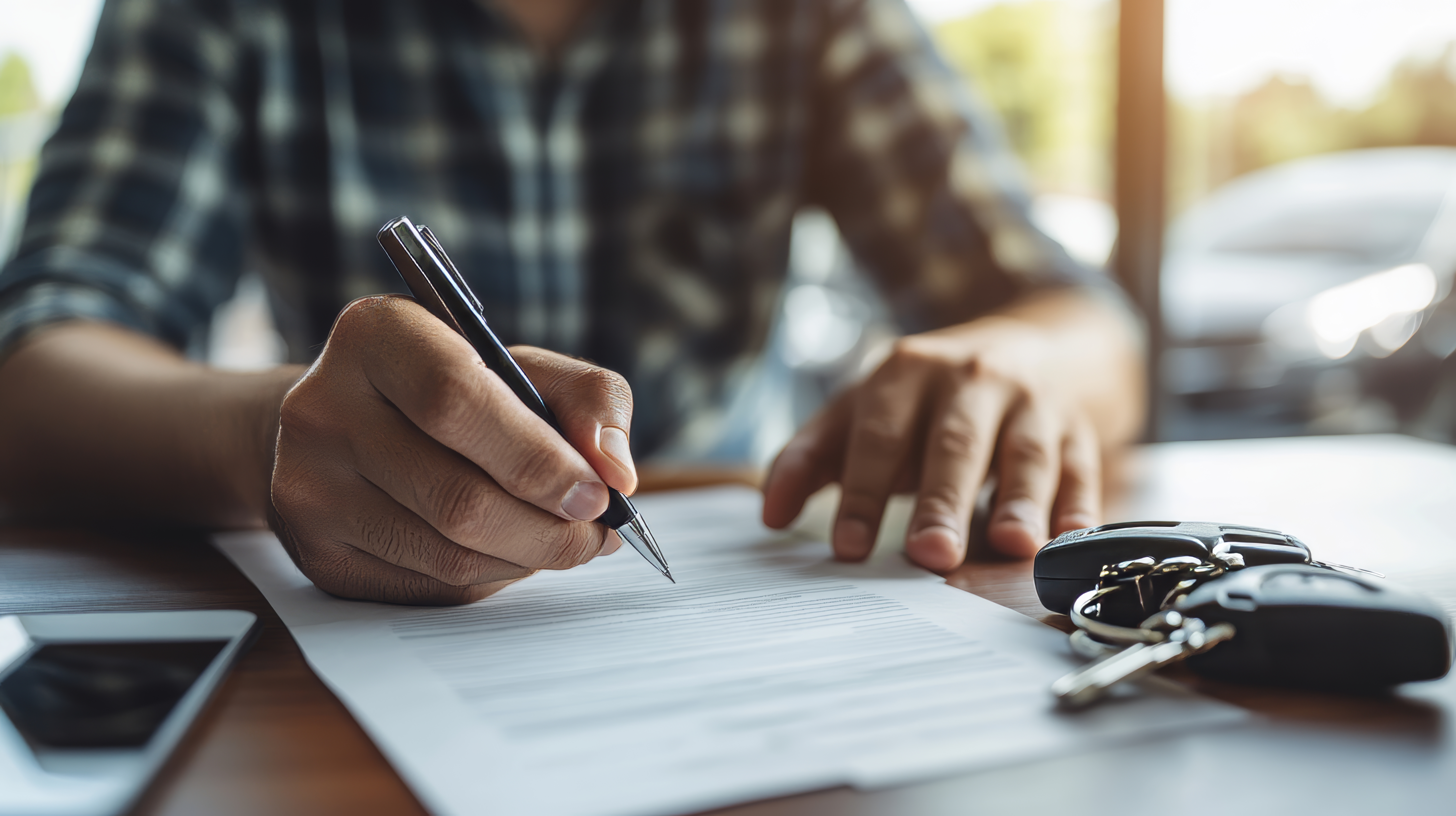 Person signing a document at a table with car keys and a smartphone nearby