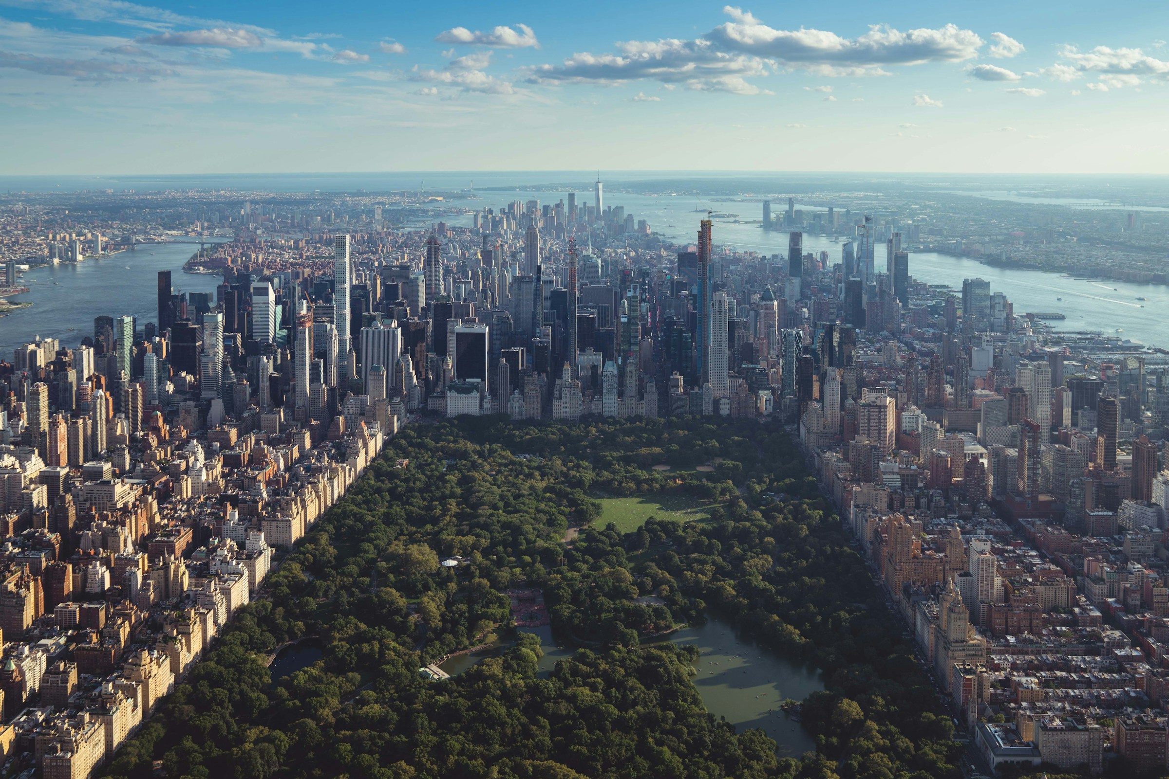 Aerial view of Central Park surrounded by New York City skyscrapers
