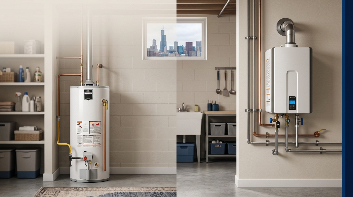 Quick Answer A tank water heater costs less upfront and is simpler to install, while a tankless unit costs more initially but takes up less space and can supply hot water continuously rather than...