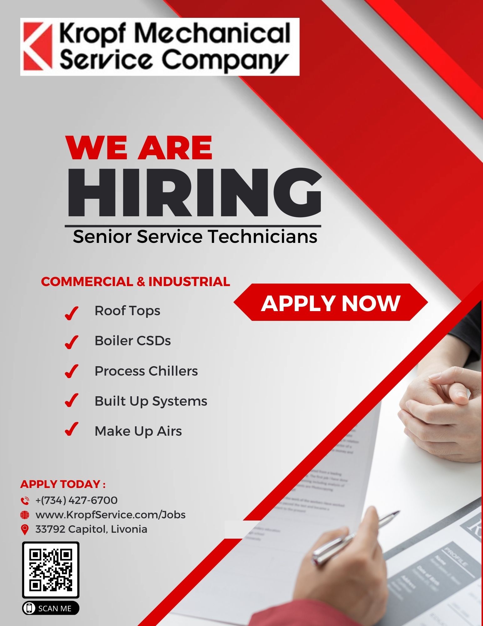 Kropf is now hiring experienced HVAC technicians