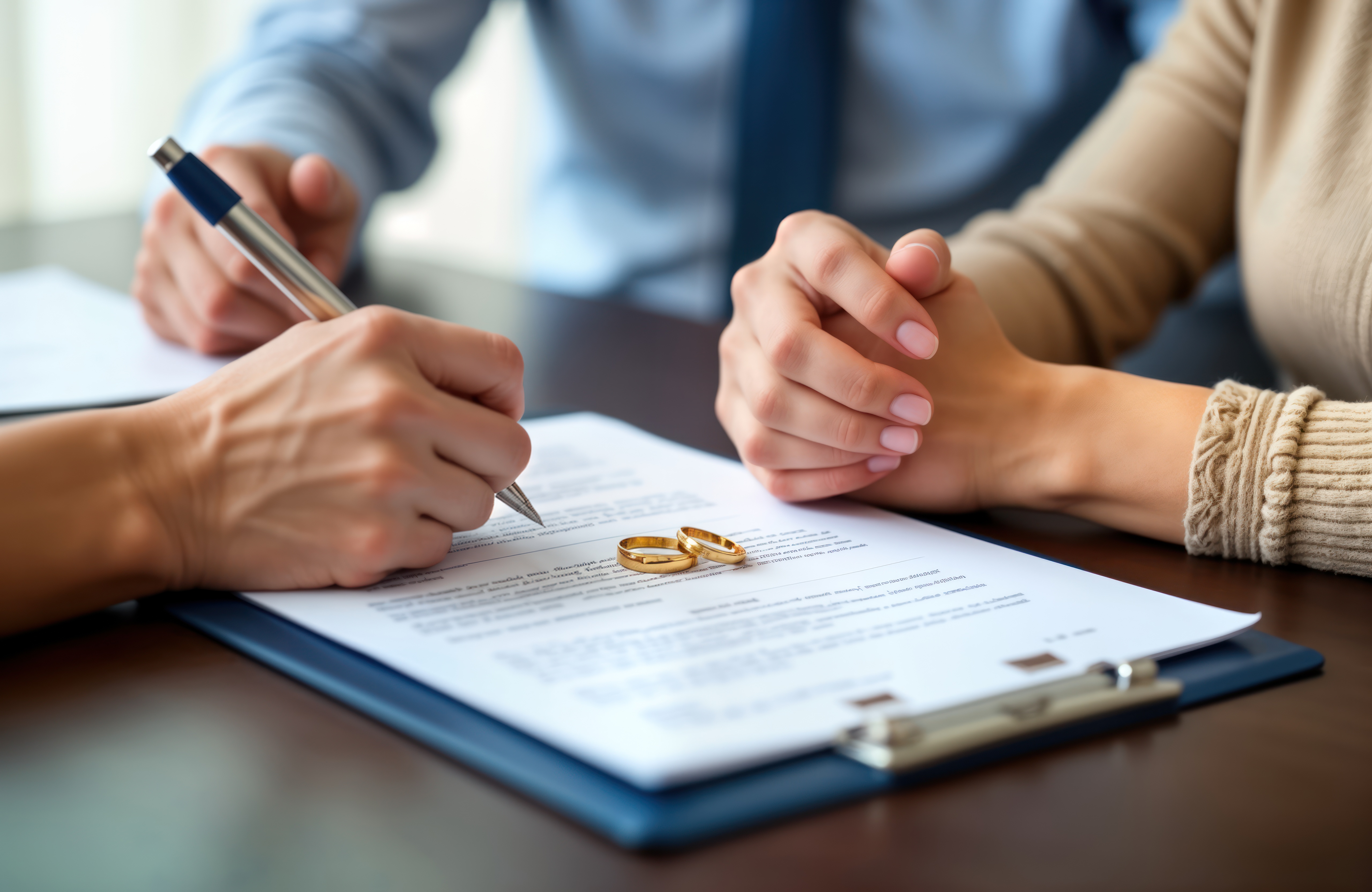 Close-up of hands signing divorce papers with wedding rings on the table.