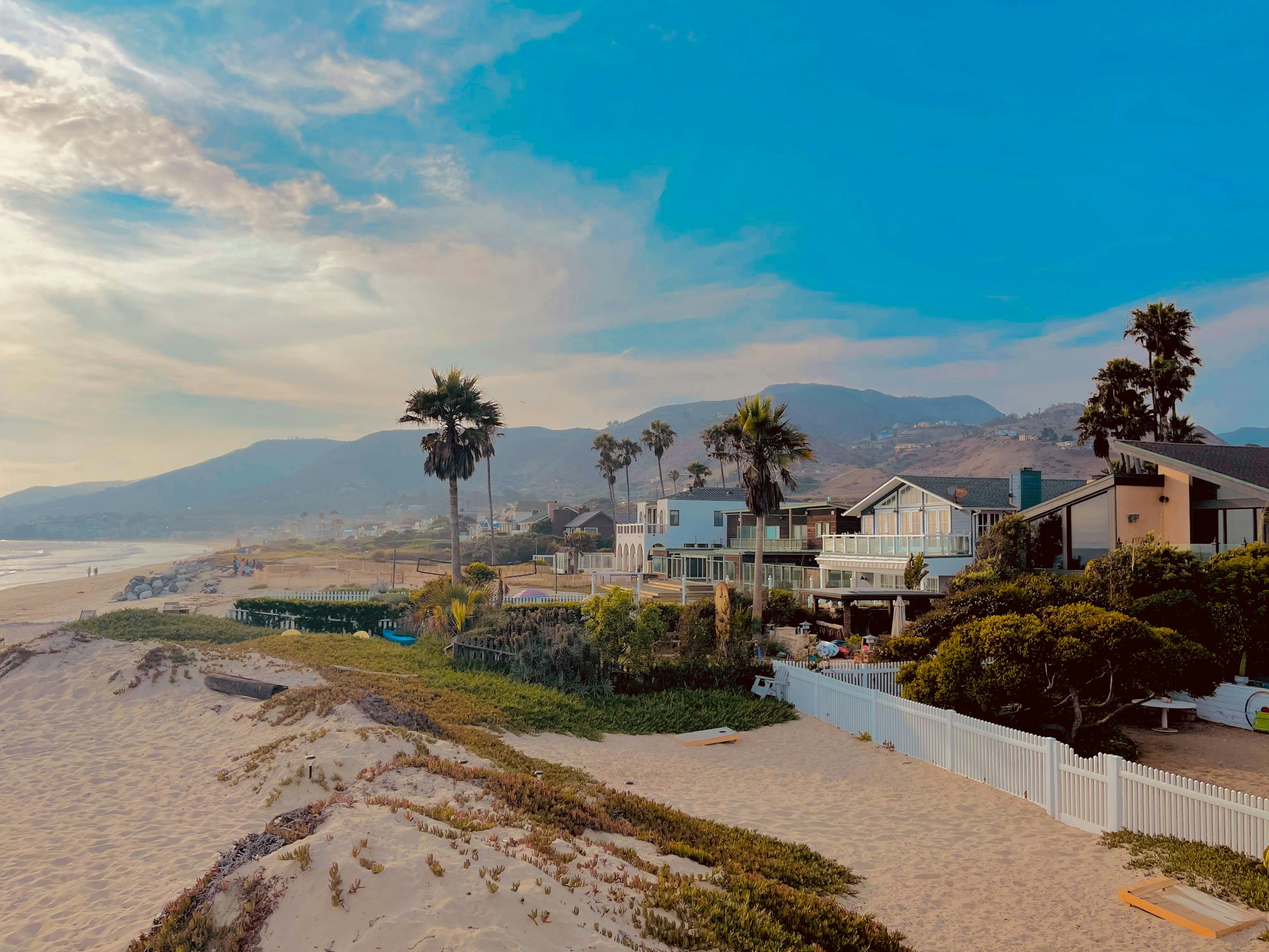Coastal homes with palm trees and mountains in the background