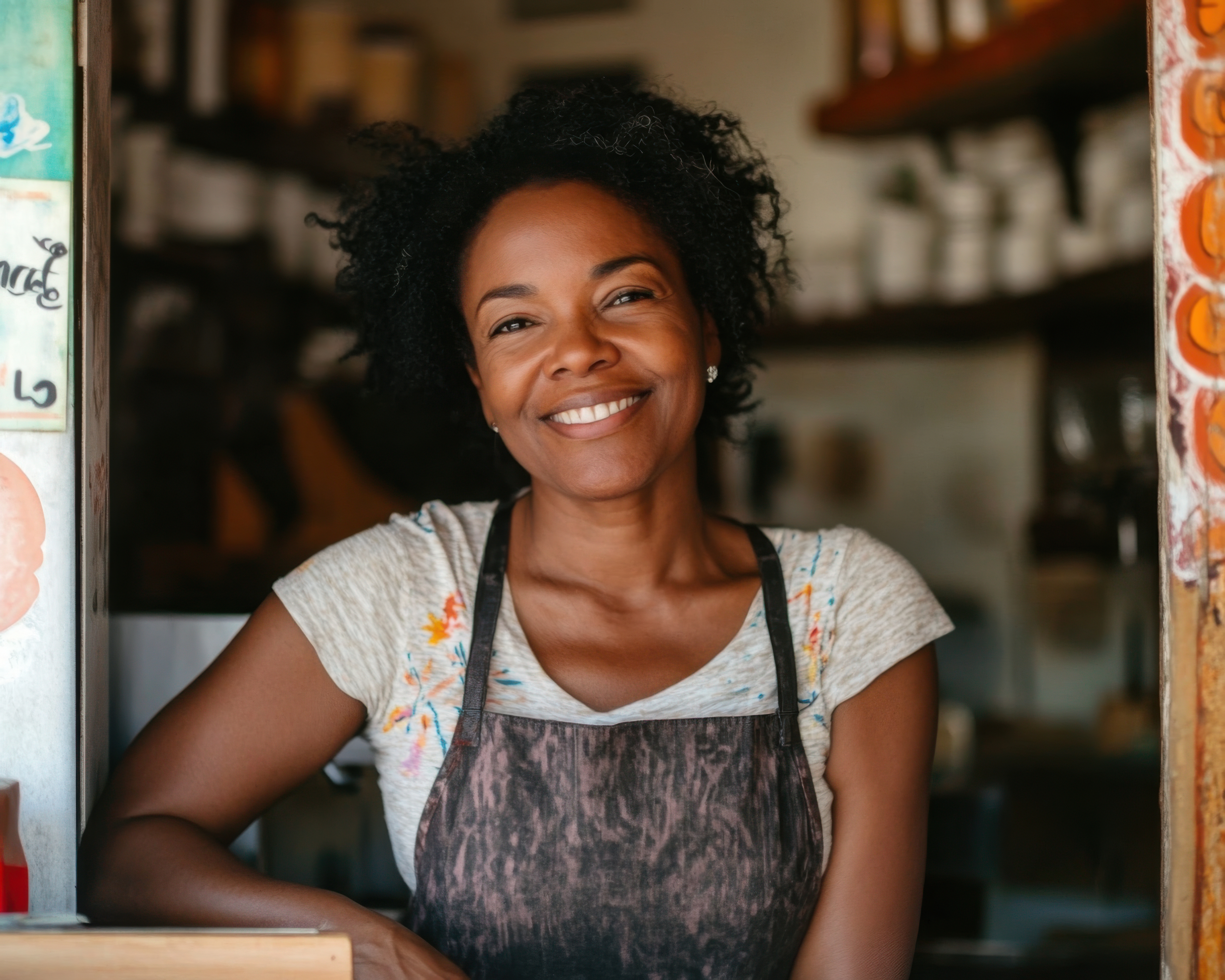 Smiling woman wearing an apron standing in a cozy shop