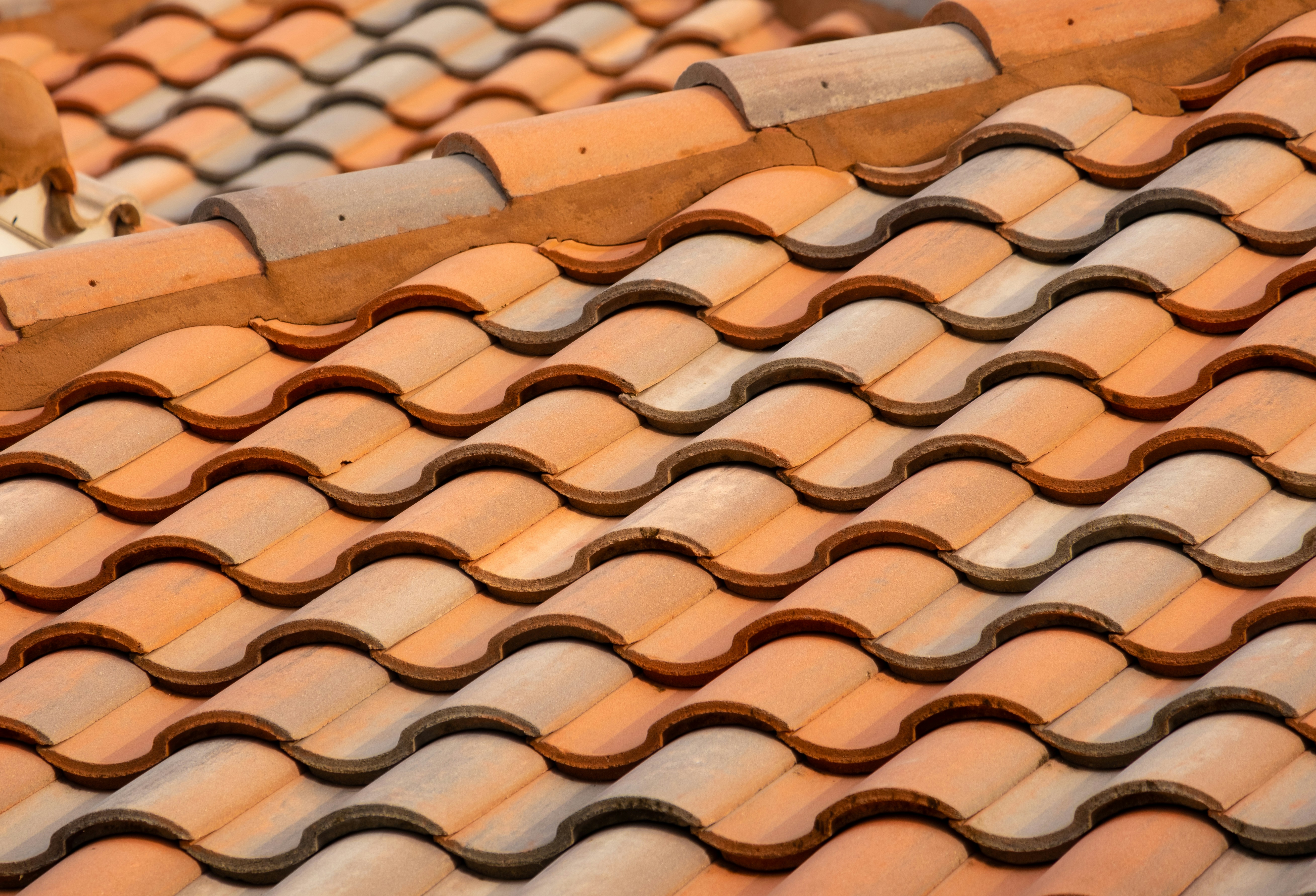 Gray shingle roof with a black vent near a brick wall and green trees in the background
