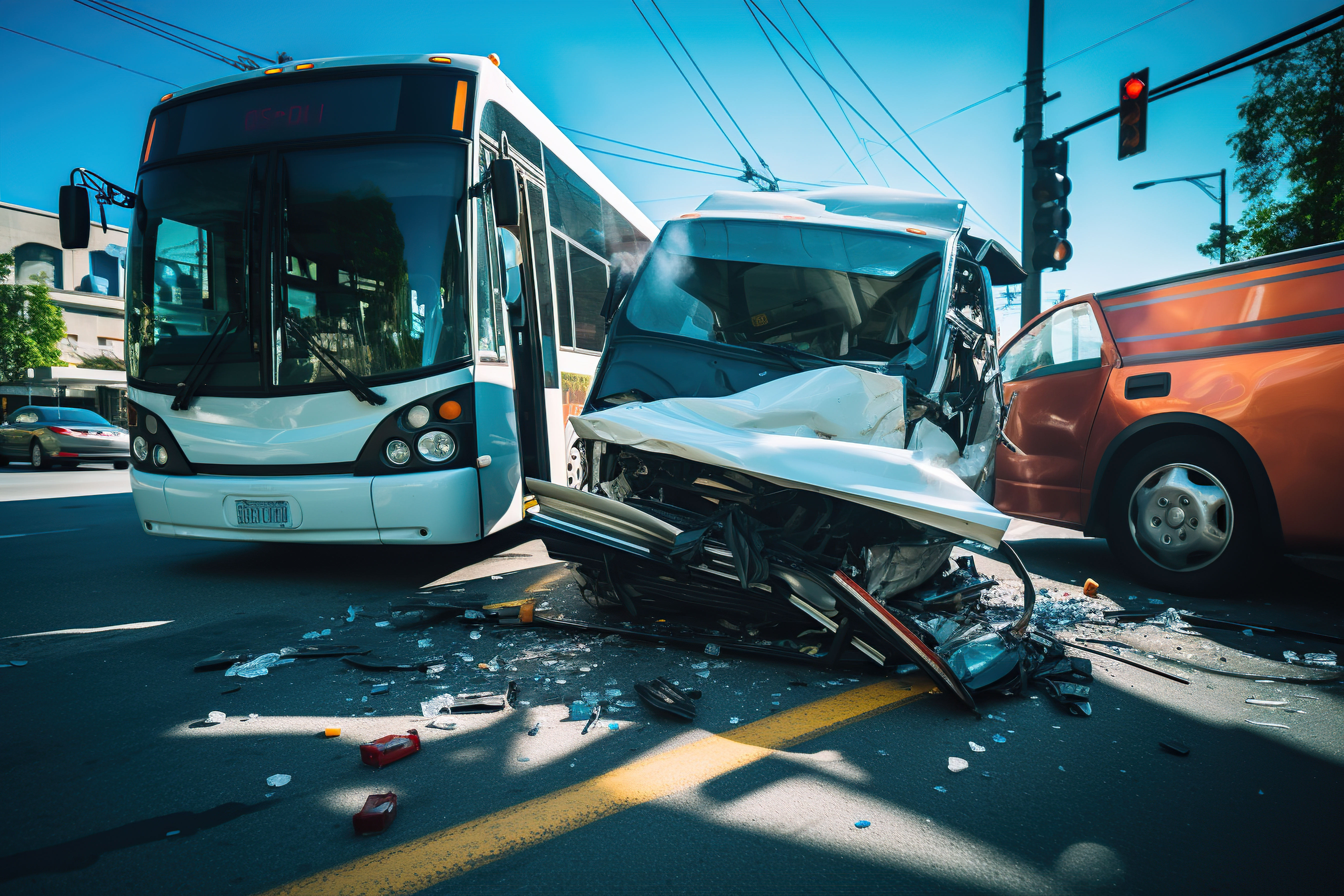 Bus and van collision at an intersection with traffic light