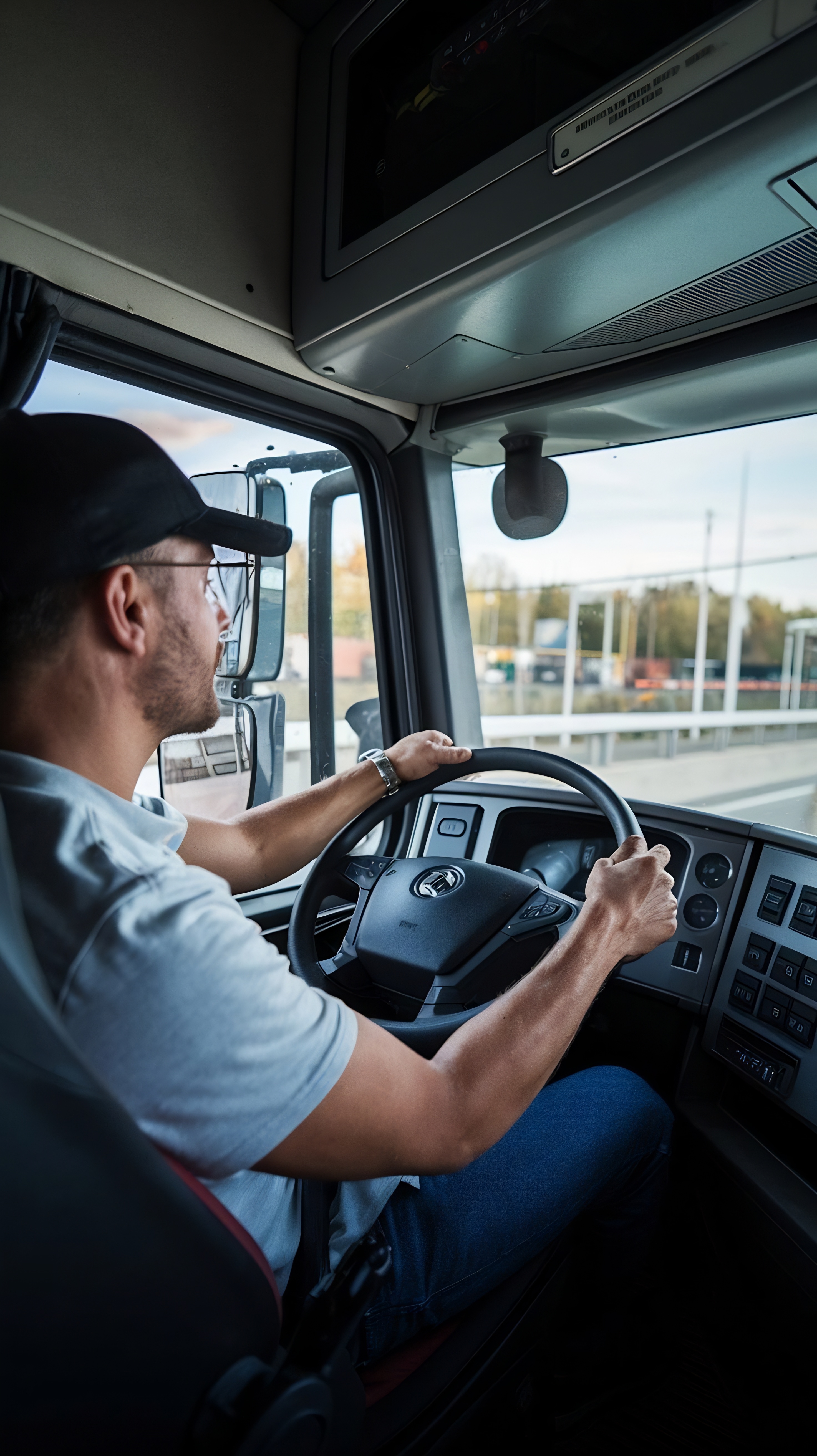 Truck driver wearing a cap and glasses, steering a large vehicle on the road.