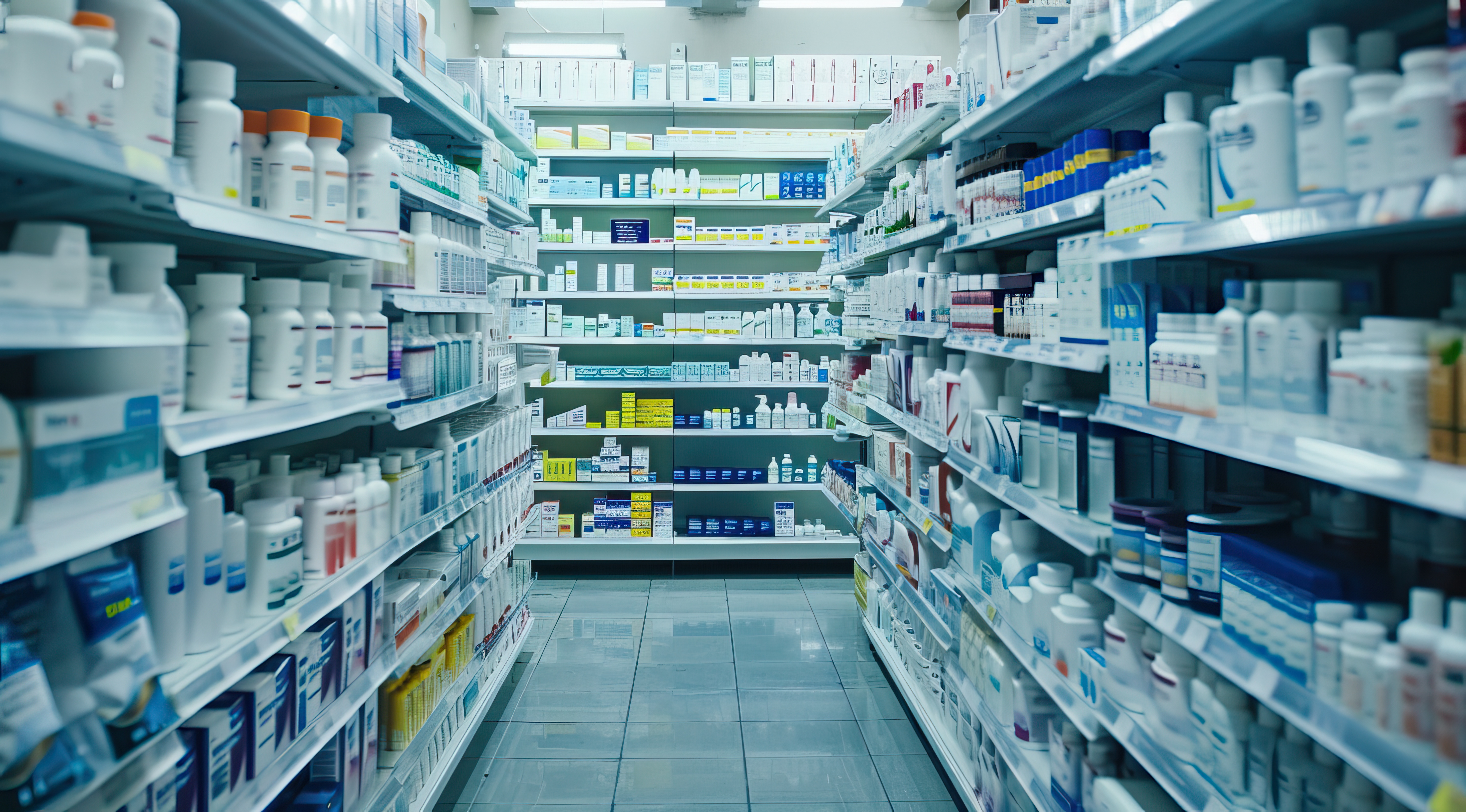 Aisle in a pharmacy with shelves stocked with various health products.