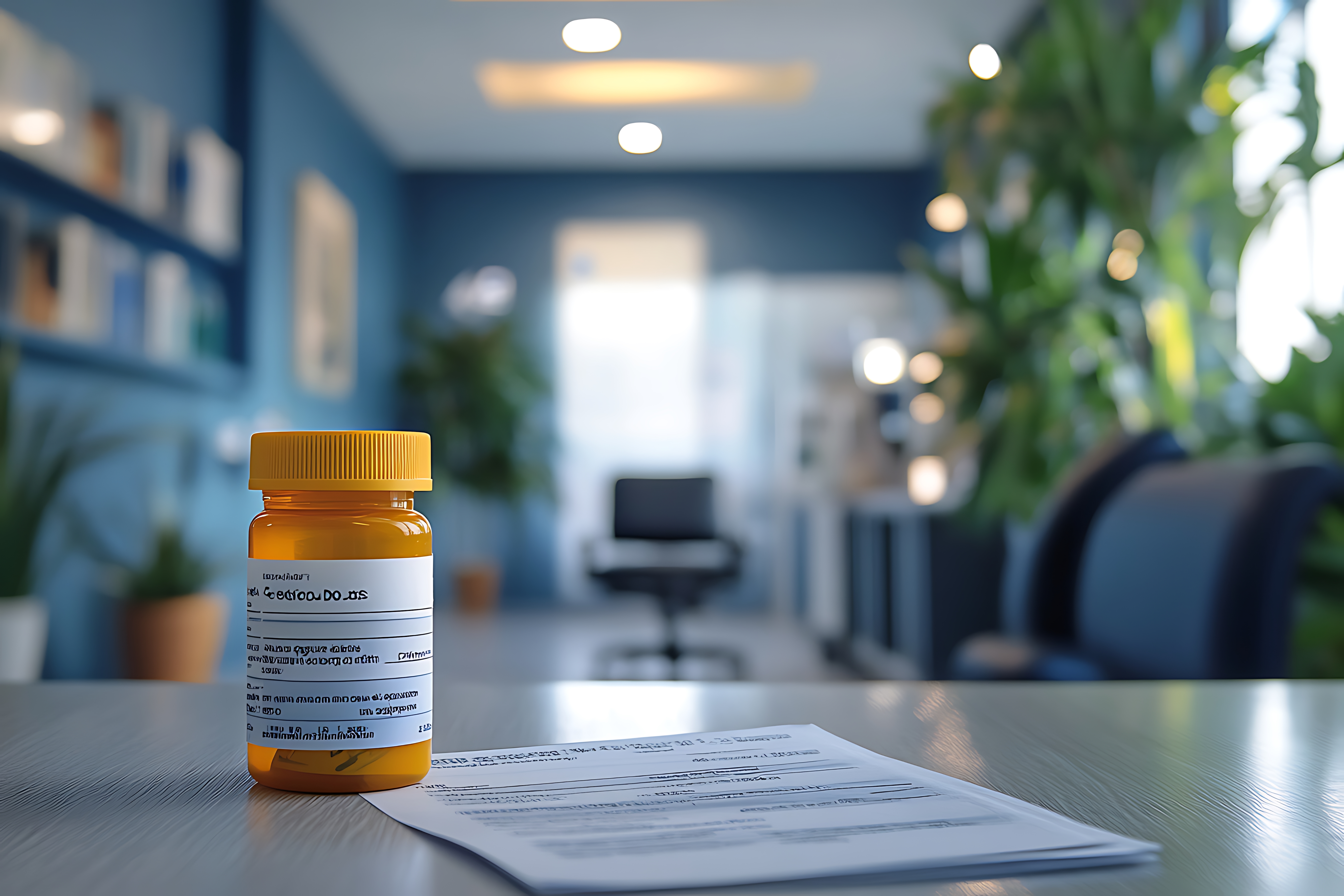 Prescription bottle and paperwork on a desk in a modern office