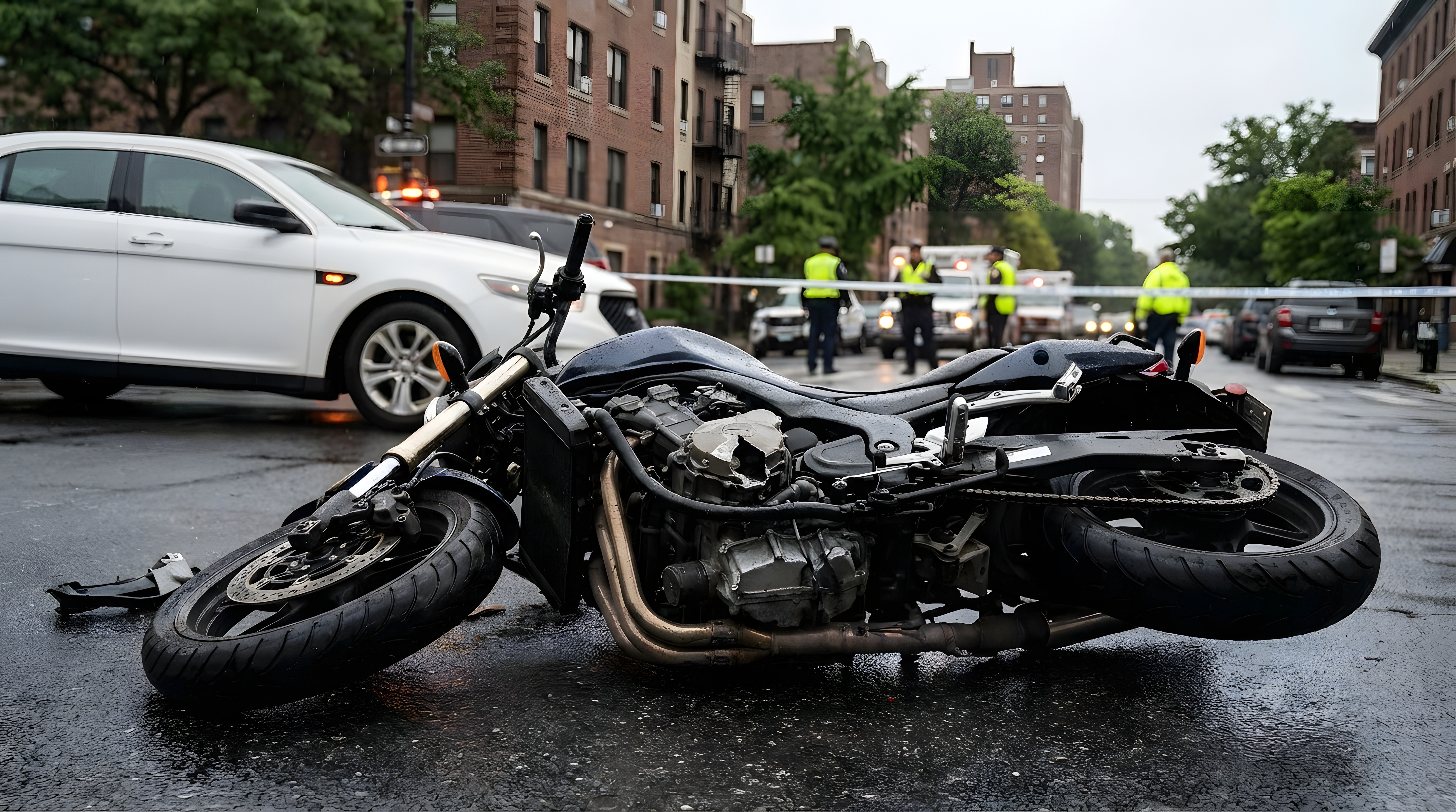 Motorcycle lying on the street after an accident with emergency responders in the background