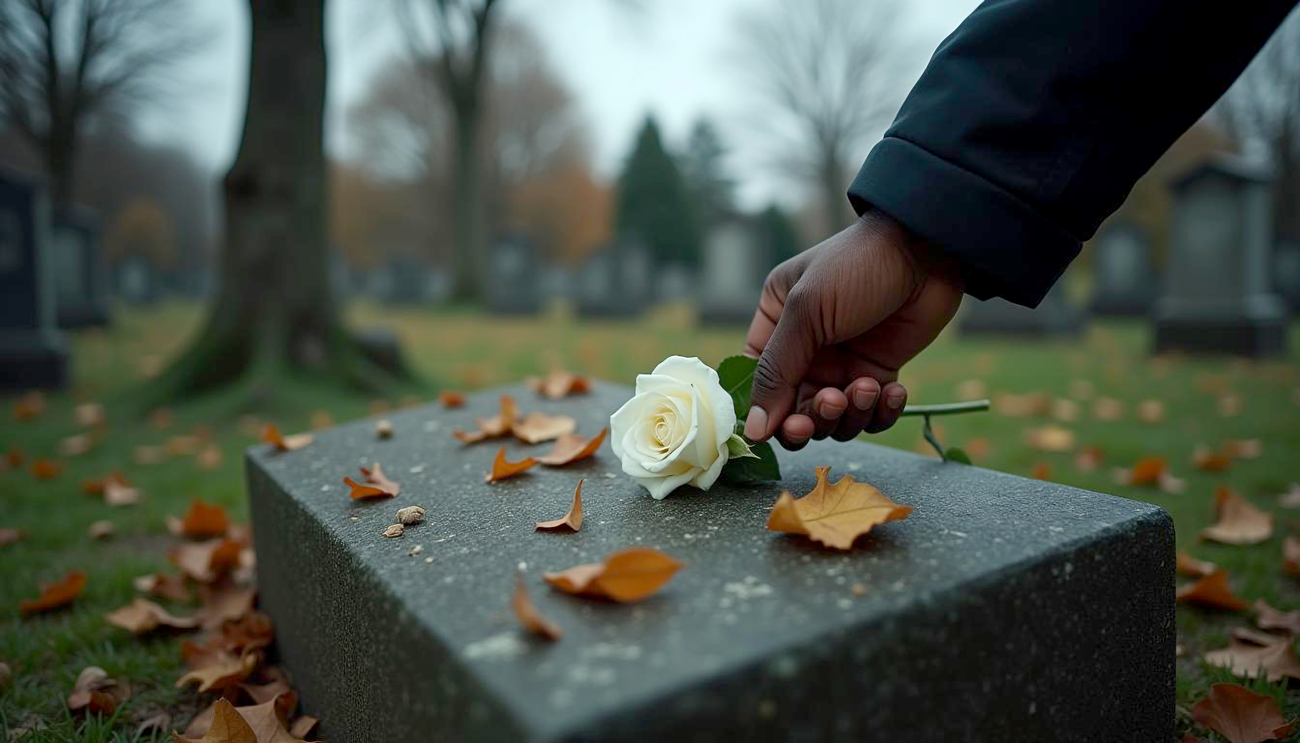 Hand placing a white rose on a gravestone with fallen autumn leaves
