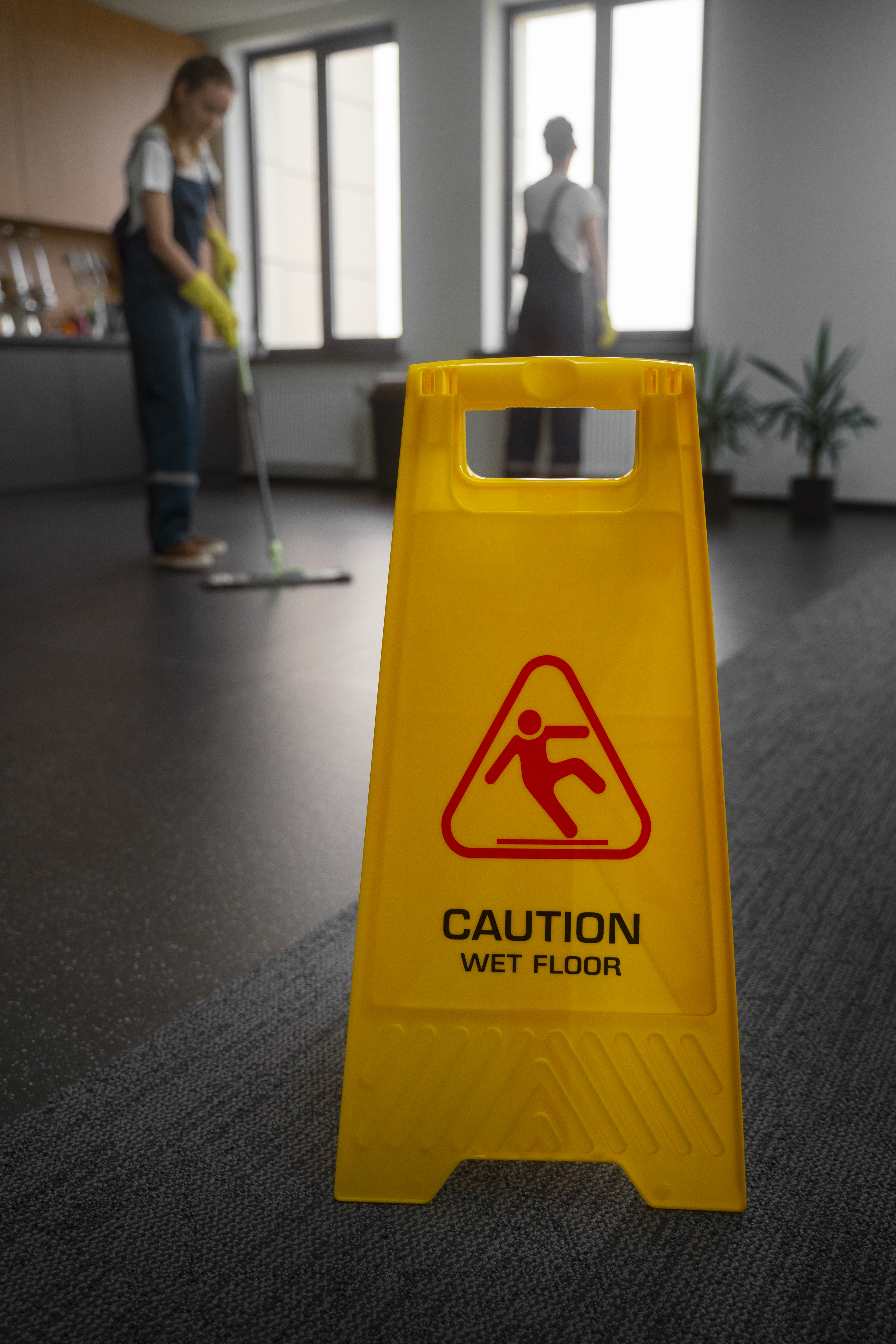 Yellow caution wet floor sign with person mopping in the background