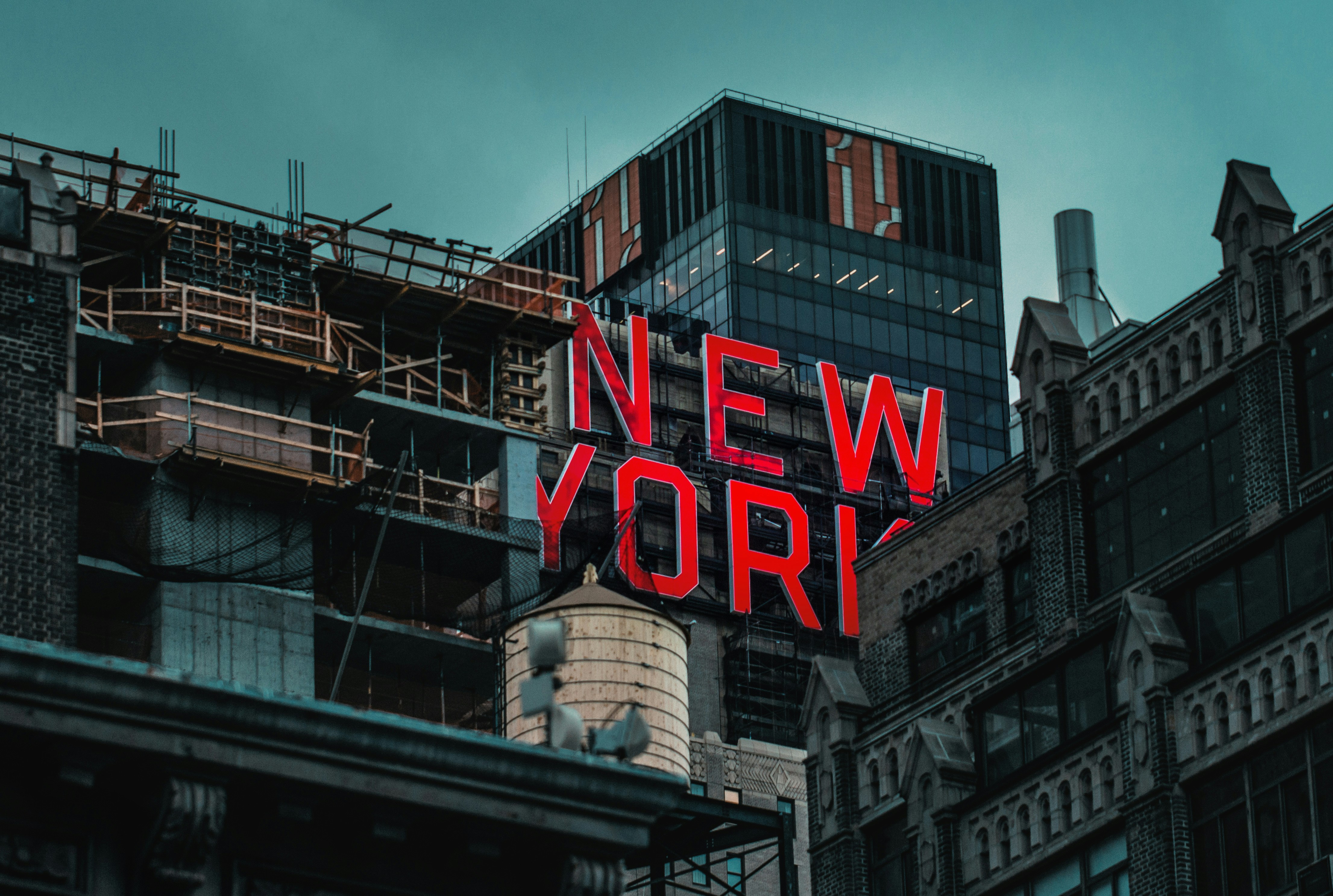 Cityscape with New York sign on a building