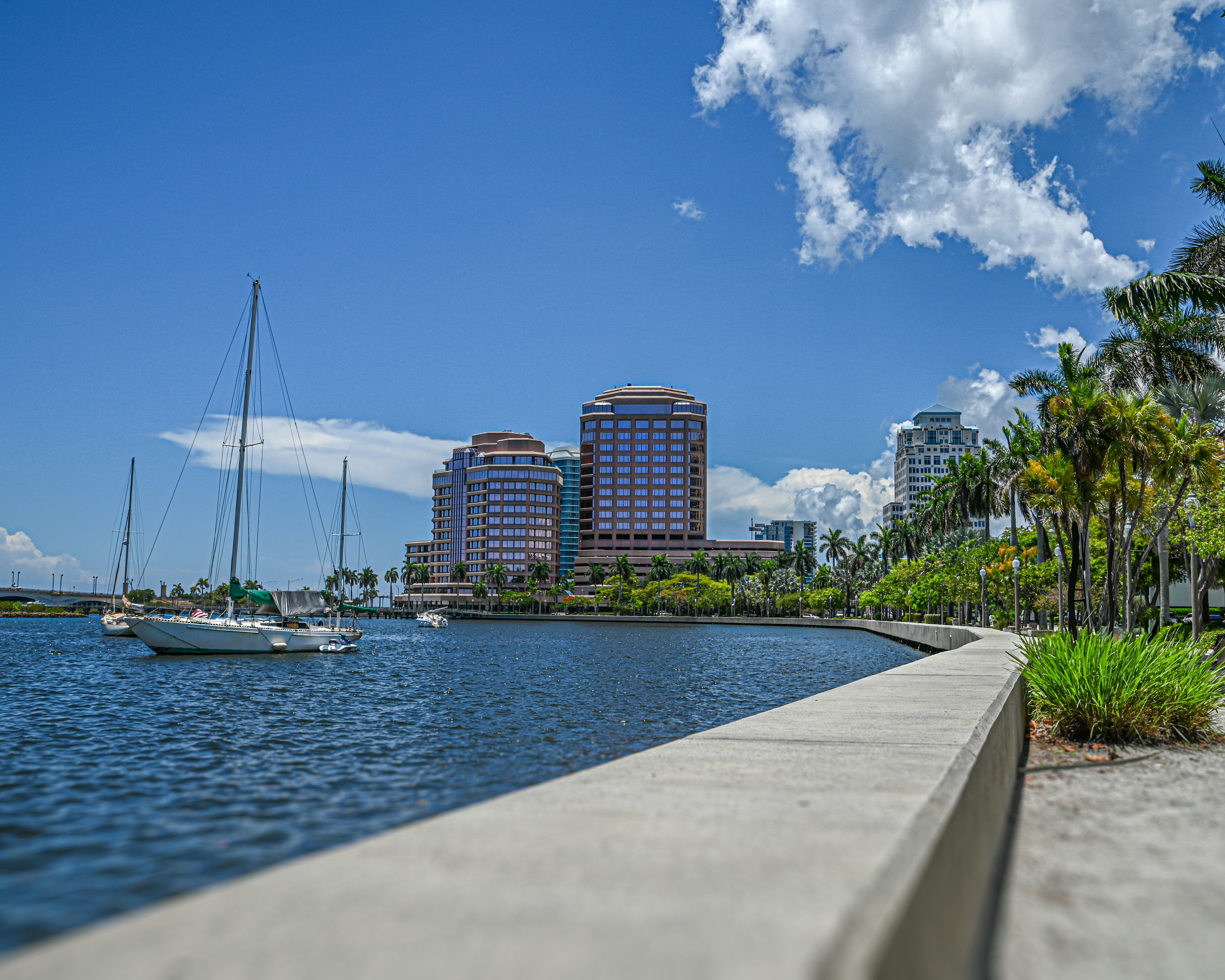 Scenic view of waterfront with sailboats and modern buildings in the background