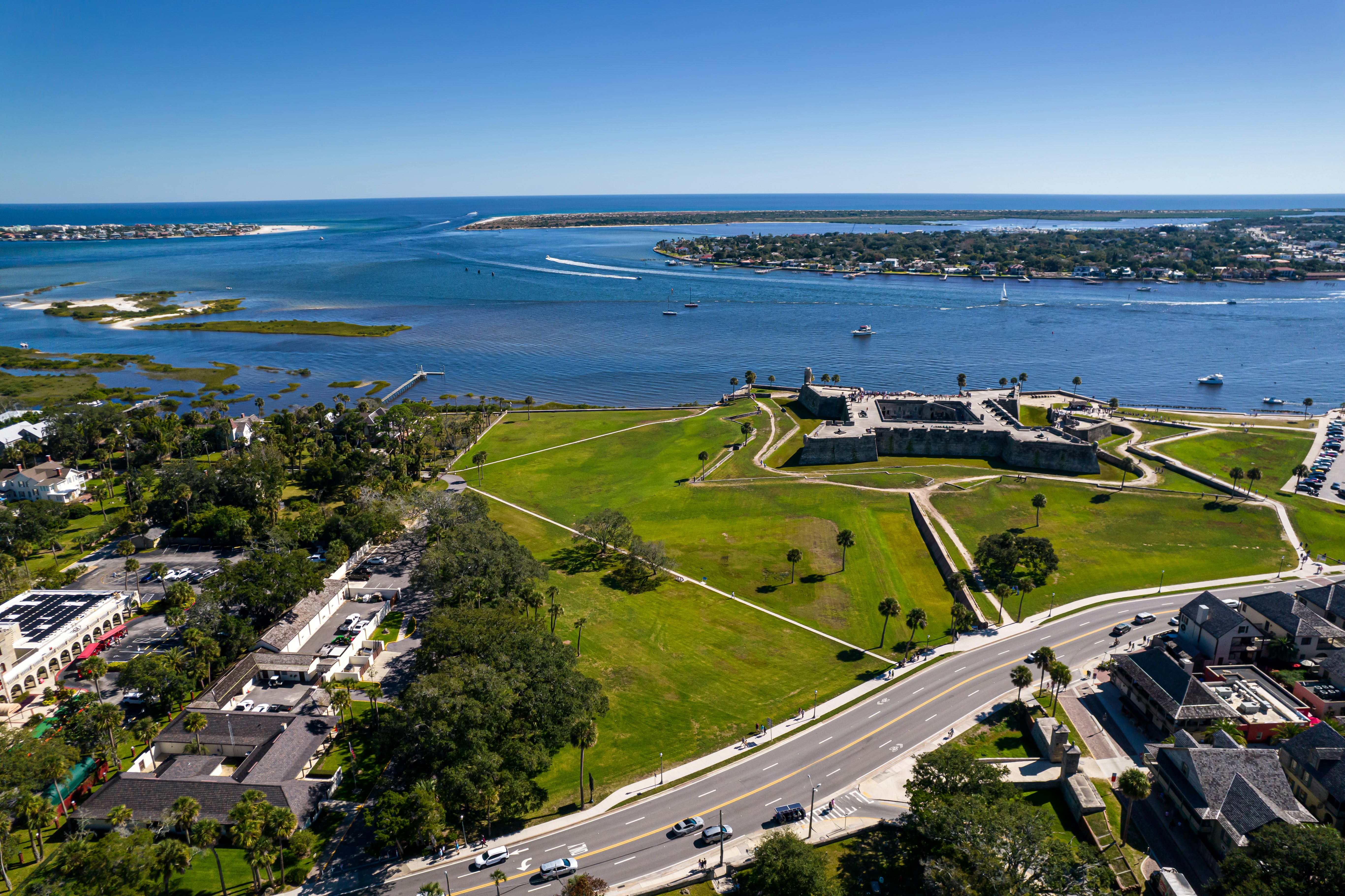 Aerial view of Castillo de San Marcos and surrounding waterfront in St. Augustine, Florida.