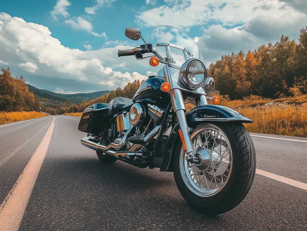 Motorcycle parked on an open road with trees and mountains in the background