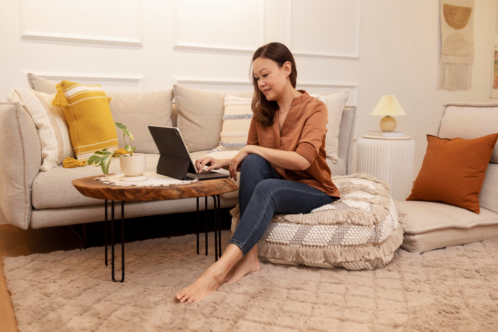 Woman sitting on floor cushion using a laptop in a cozy living room