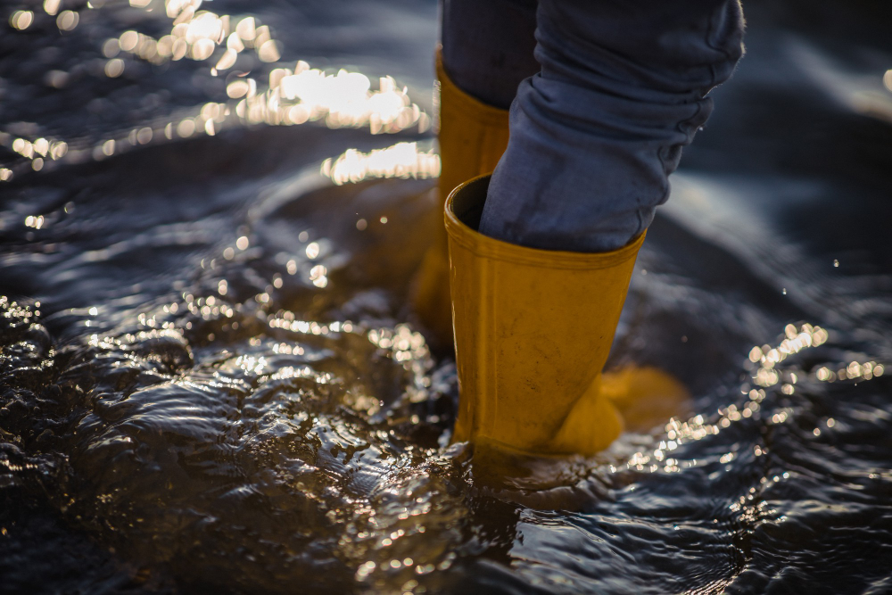 Person wearing yellow boots standing in shallow water