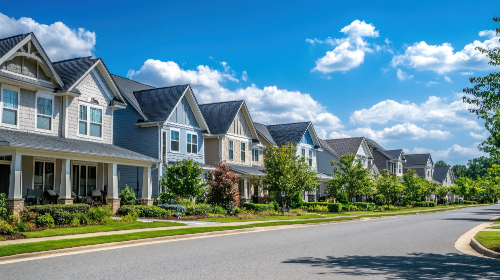 Row of suburban houses with well-maintained lawns and blue sky