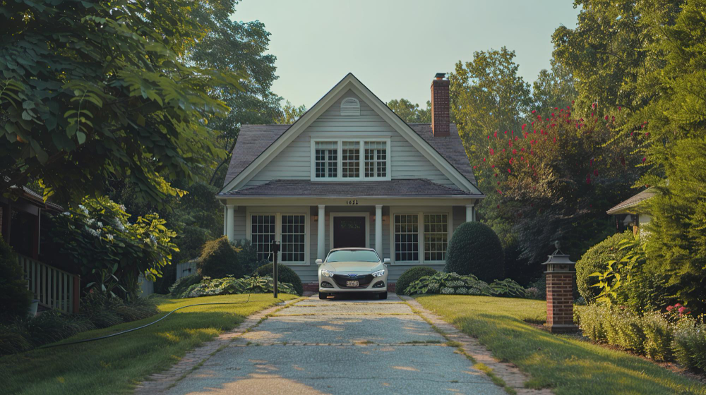 Charming suburban house with a car parked in the driveway
