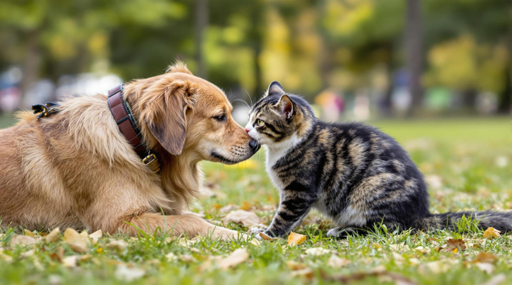Golden retriever and tabby cat touching noses on a grassy field