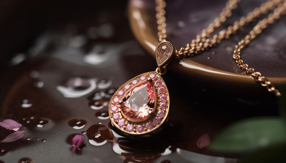 Elegant teardrop-shaped pendant with pink gemstones on a gold chain