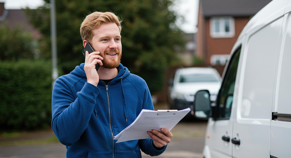 Man in blue hoodie talking on phone while holding documents next to a white van