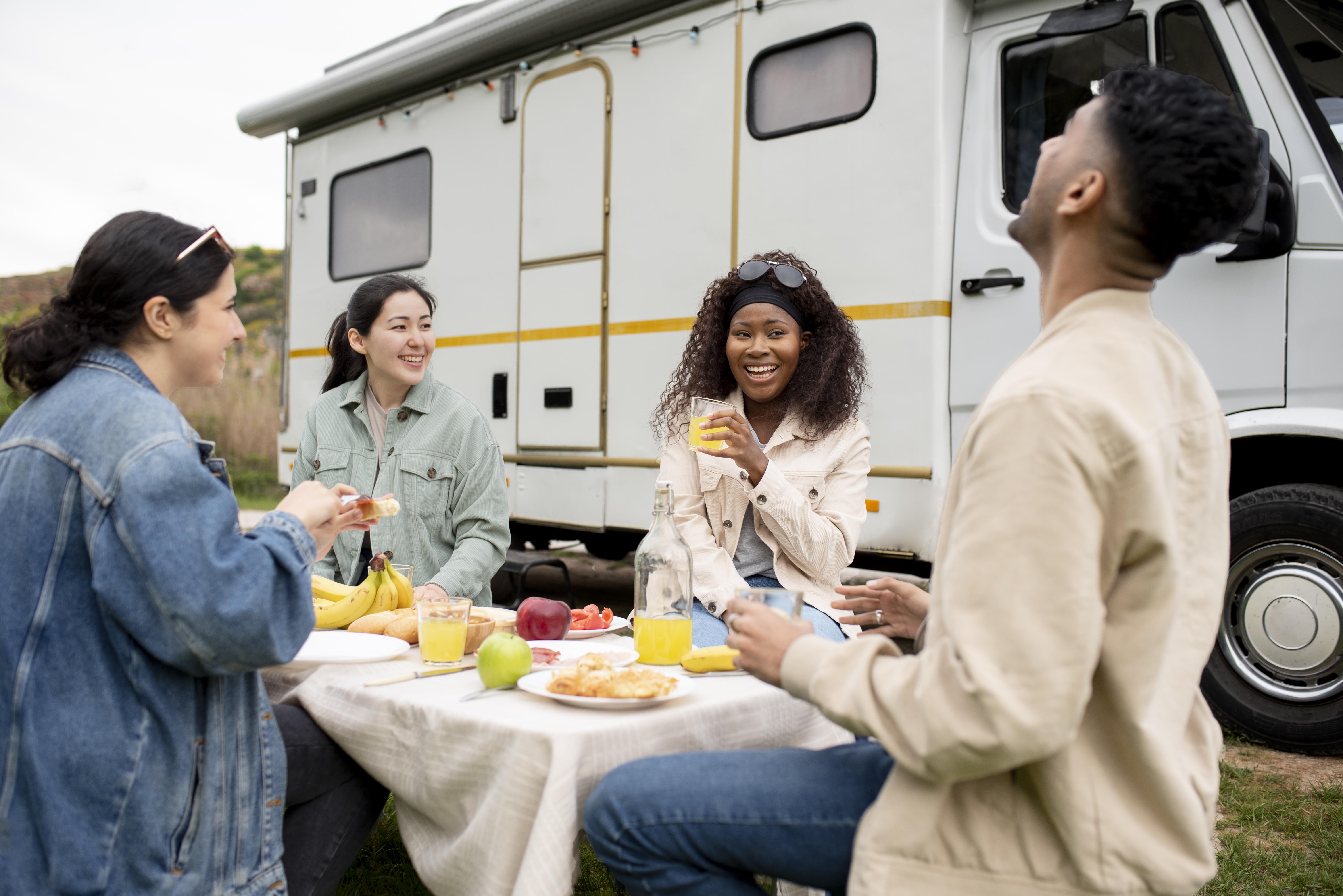 Group of friends enjoying a picnic near a camper van.