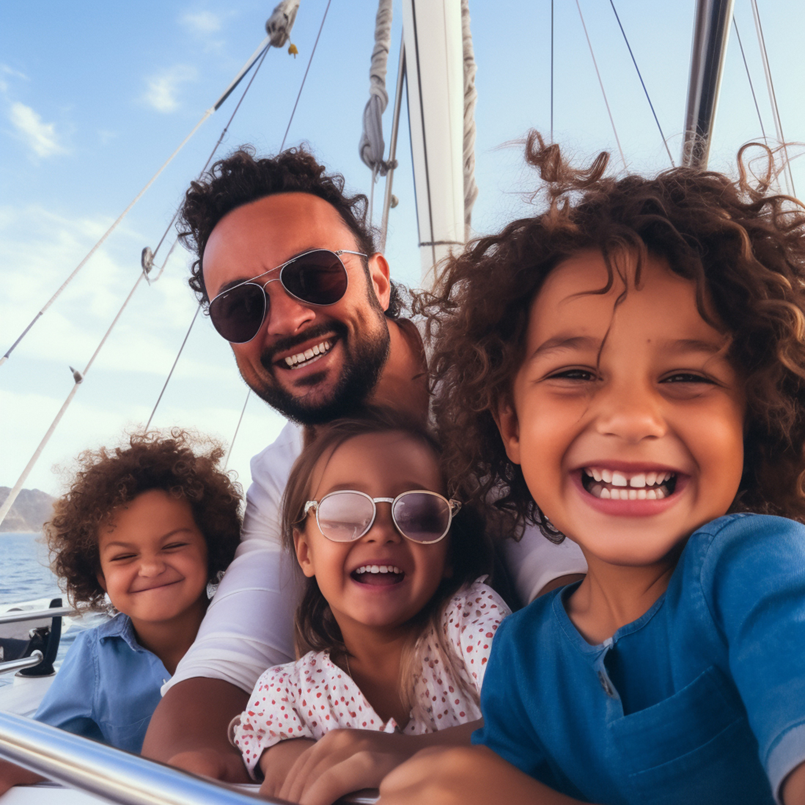 Family smiling together on a sailboat with clear skies