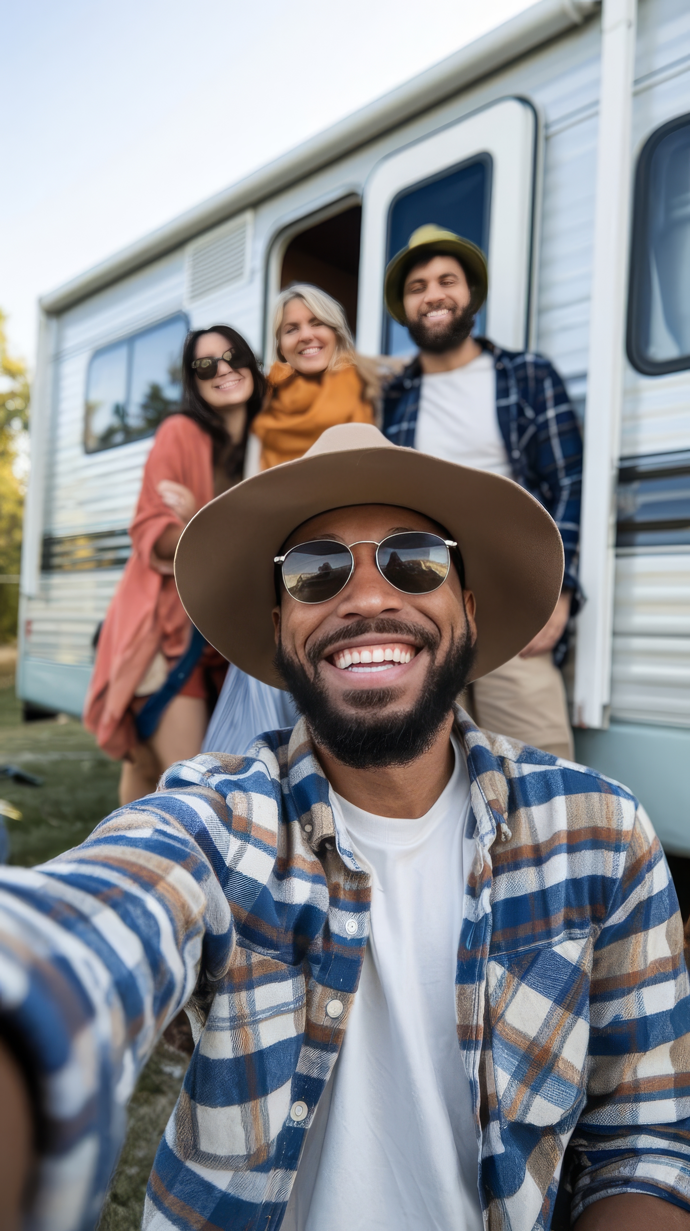 Group of friends taking a selfie in front of an RV outdoors.