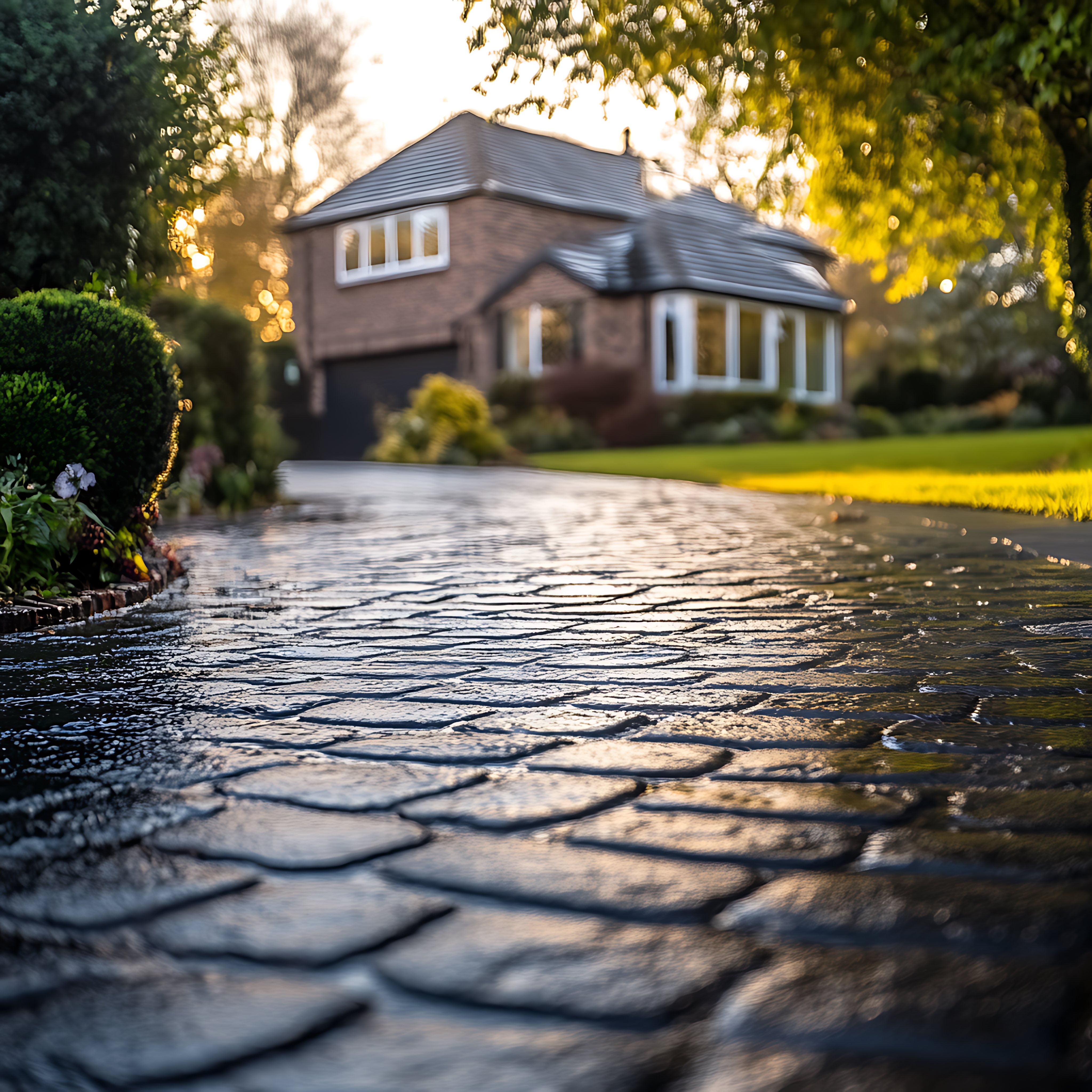Sunlit cobblestone driveway leading to a brick house with a well-maintained garden