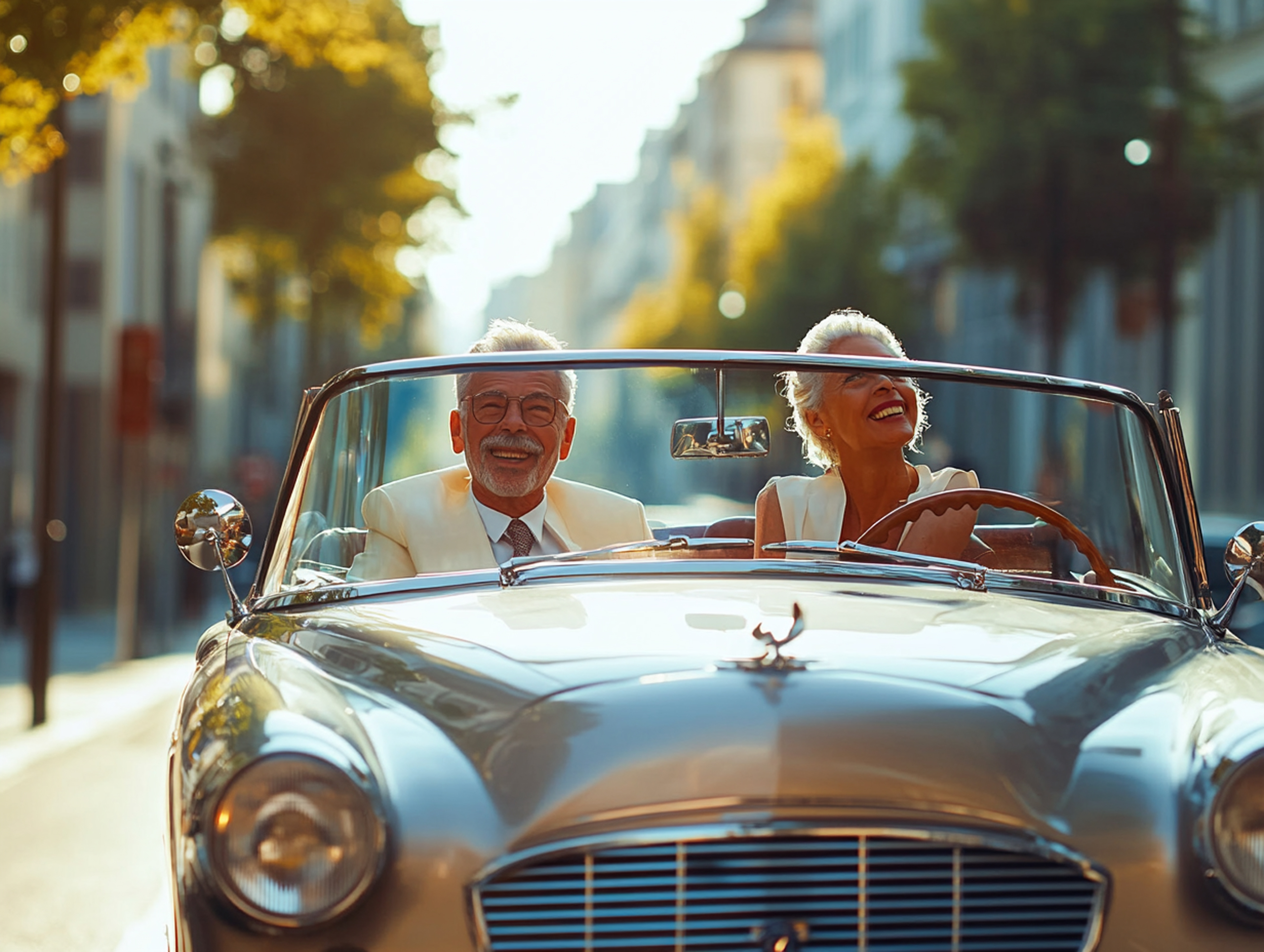 Elderly couple enjoying a drive in a classic convertible car on a sunny day