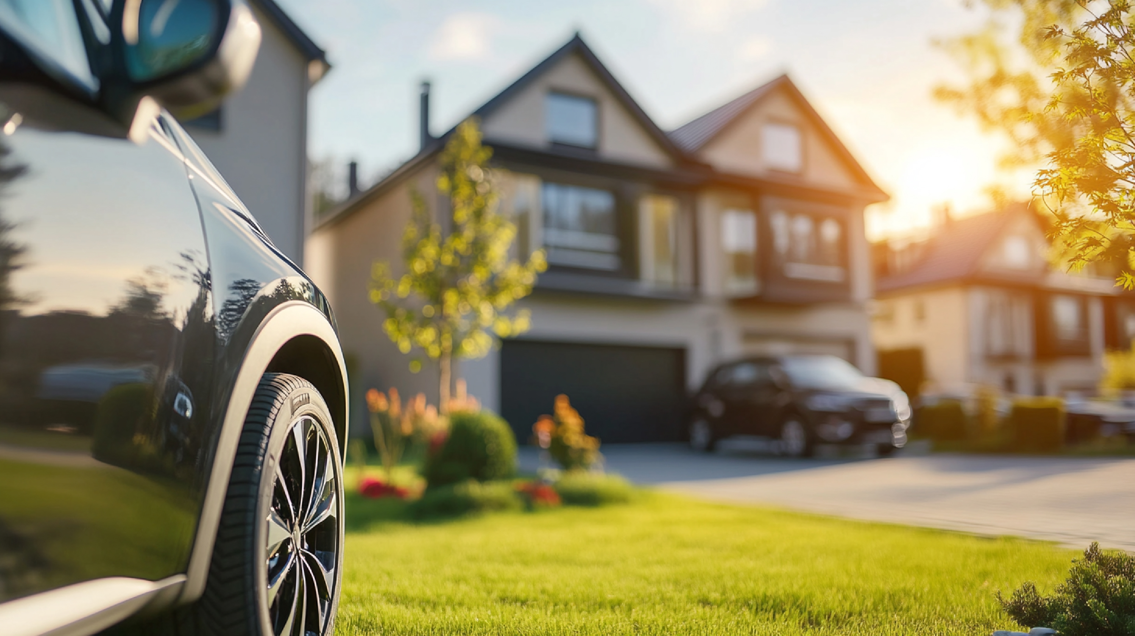 Close-up of a car parked in front of suburban houses with a sunlit lawn.