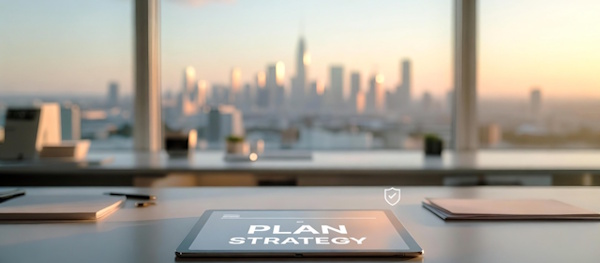 A financial advisor's office desk showing a tablet with a financial plan presentation on the screen